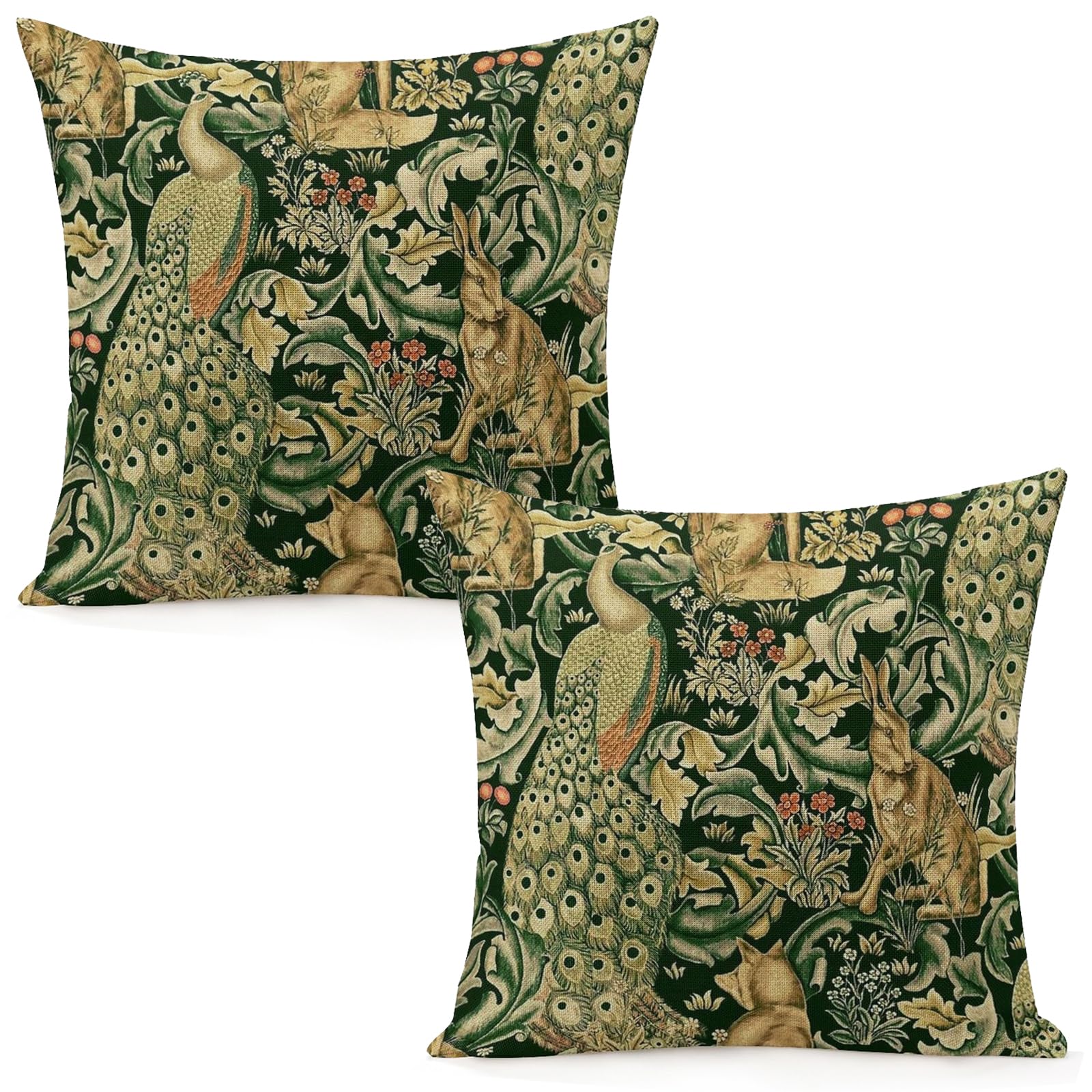 Set Of 2 William Green Forest Animals Peacocks Fox Hare Morris Throw Pillow Covers 18x18 Inch Aesthetic Pillow For Bedroom Decorative Pillowcase Home