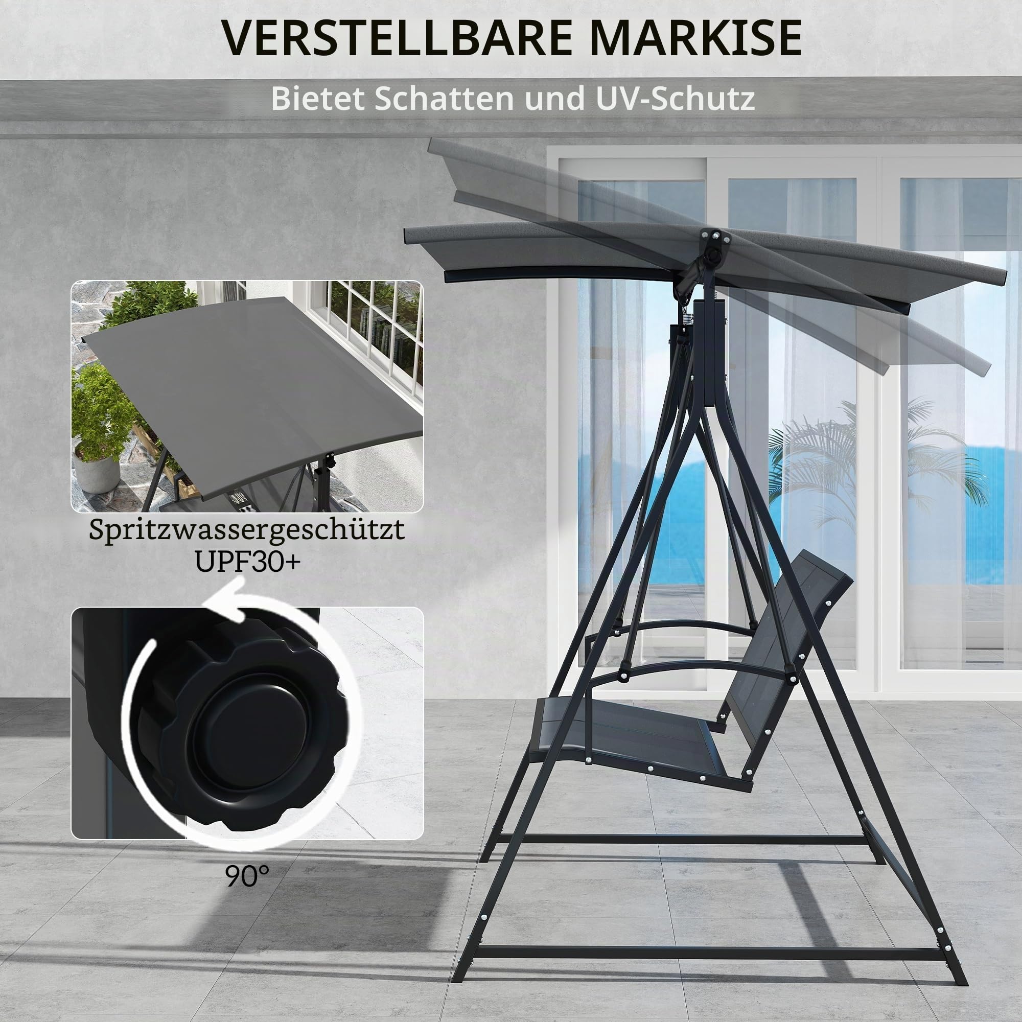 Outsunny Hollywoodschaukel für den Außenbereich, 2-Sitzer, Gartenschaukel, mit verstellbarem Sonnendach, UV-Schutz 30+, dreieckiges Gestell aus Metall, Belastung 220 kg, 160 x 112 x 162 cm, Dunkelgrau