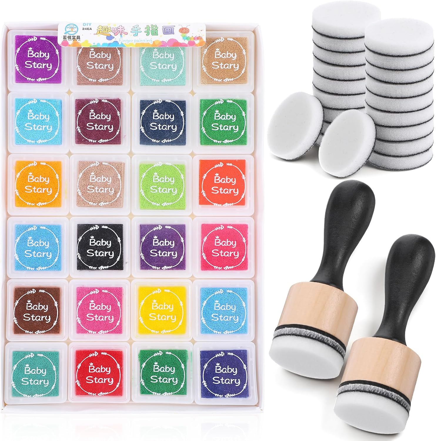 Ckhoid 66Pcs Mini Ink Blending Tool Set, 2 Mini Applicator Tools, 40 Replacement Foam Pads, 24 Colors Stamp Ink Pad Stamps for Distressing Scrapbooking Wood and Fabric Applications