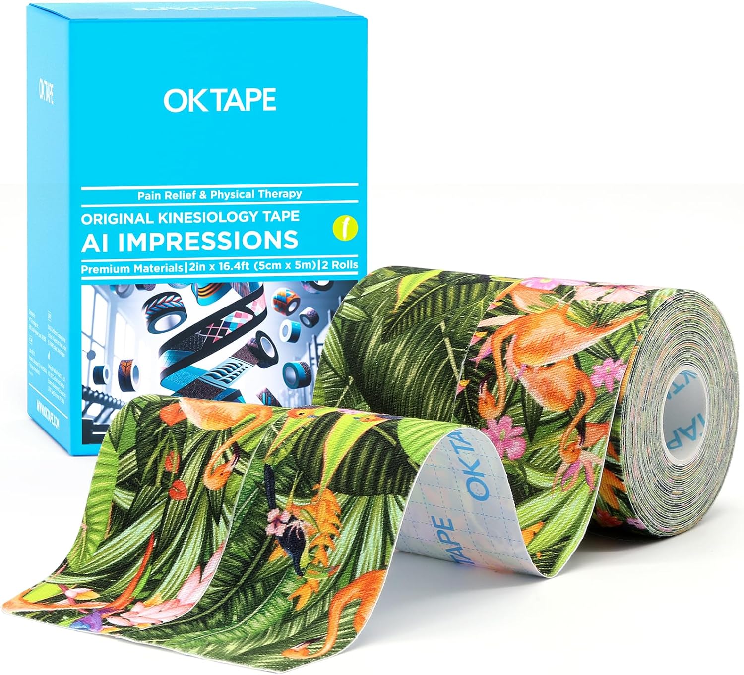 OK TAPE Hypoallergenic Digtal Printed Kinesiology Tape, Elastic Sports Athletic Tape, 2 Rolls, 2in×16.4ft Uncut Roll-Tropical Rainforest