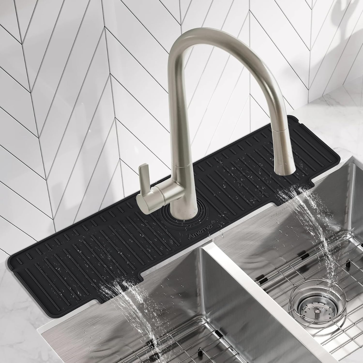 Kitchen Sink Splash Guard, 20 inch Silicone Faucet Guard & Draining Mat, 10° Large Slope Sink Faucet Mat Splash Guard, Bathroom Sink Organizer, Kitchen Sink Accessories Gadgets, 20 x 5.5”, Black
