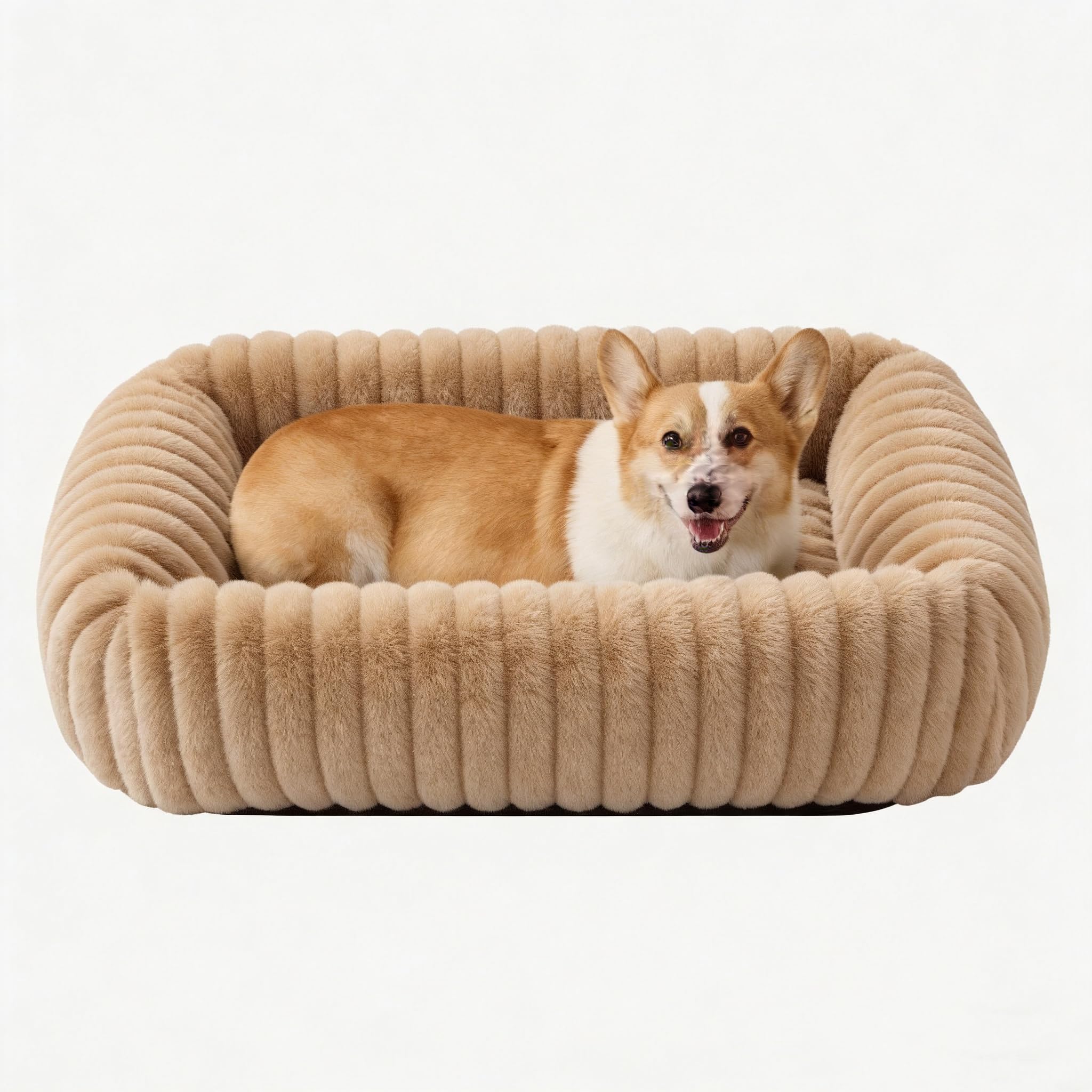 Oveppy Dog Bed for Medium Large Dogs, Super Soft Rectangle Washable Dog Beds, Warming Furry Pet Bed with Removable Zipper Cover, Grey, 25 x 21 x 8inch, Suitable for Dogs Under 30lb, Brown