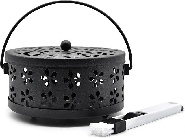 Mosquito Coil Holder, Incense Holder Portable Handle Metal Lid Classical Design Incense Burner for Home Garden, with Cleaning Brush (Black)