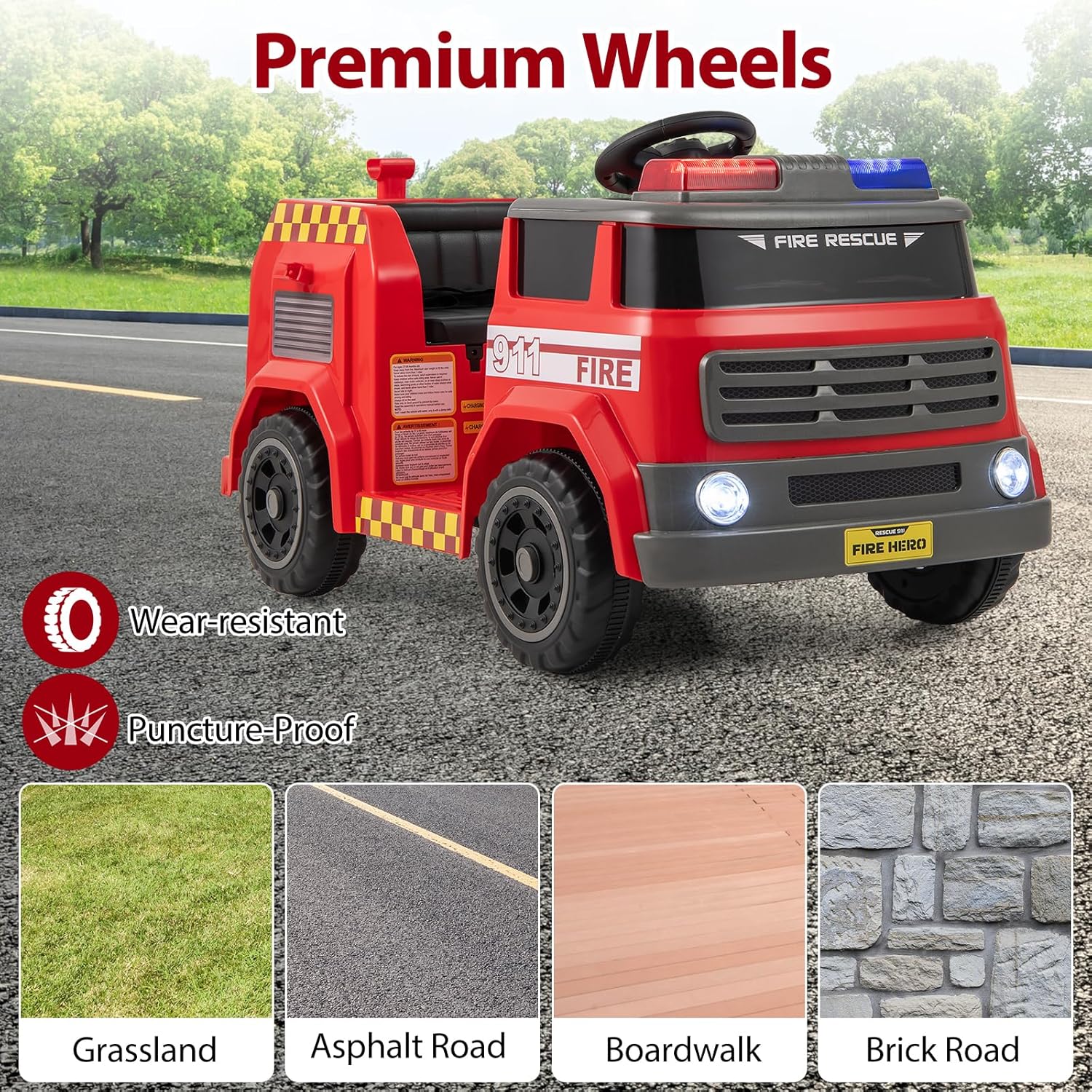 HONEY JOY Ride On Fire Truck, 12V Battery Powered Electric Car for Kids, Water Tank, Loudspeaker, Shovel, Music, Siren & Light, Firetruck Ride On Toy, Ride On Car w/Remote Control (Fire Truck)