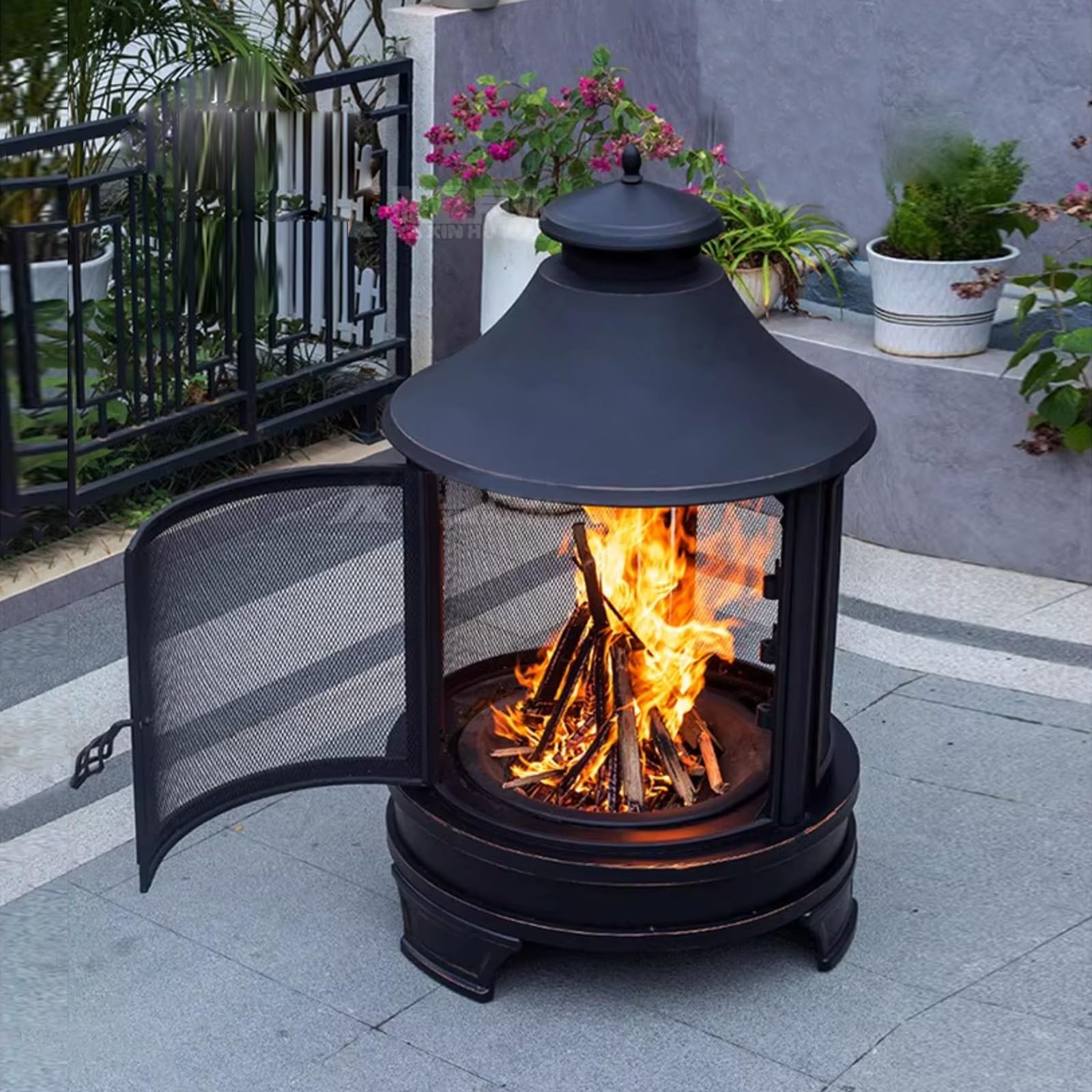 Braciere in metallo con griglia, braciere 2 in 1 per esterni, fornello da campeggio con vassoio regolabile e schermo scintillante, per giardino, barbecue in cortile