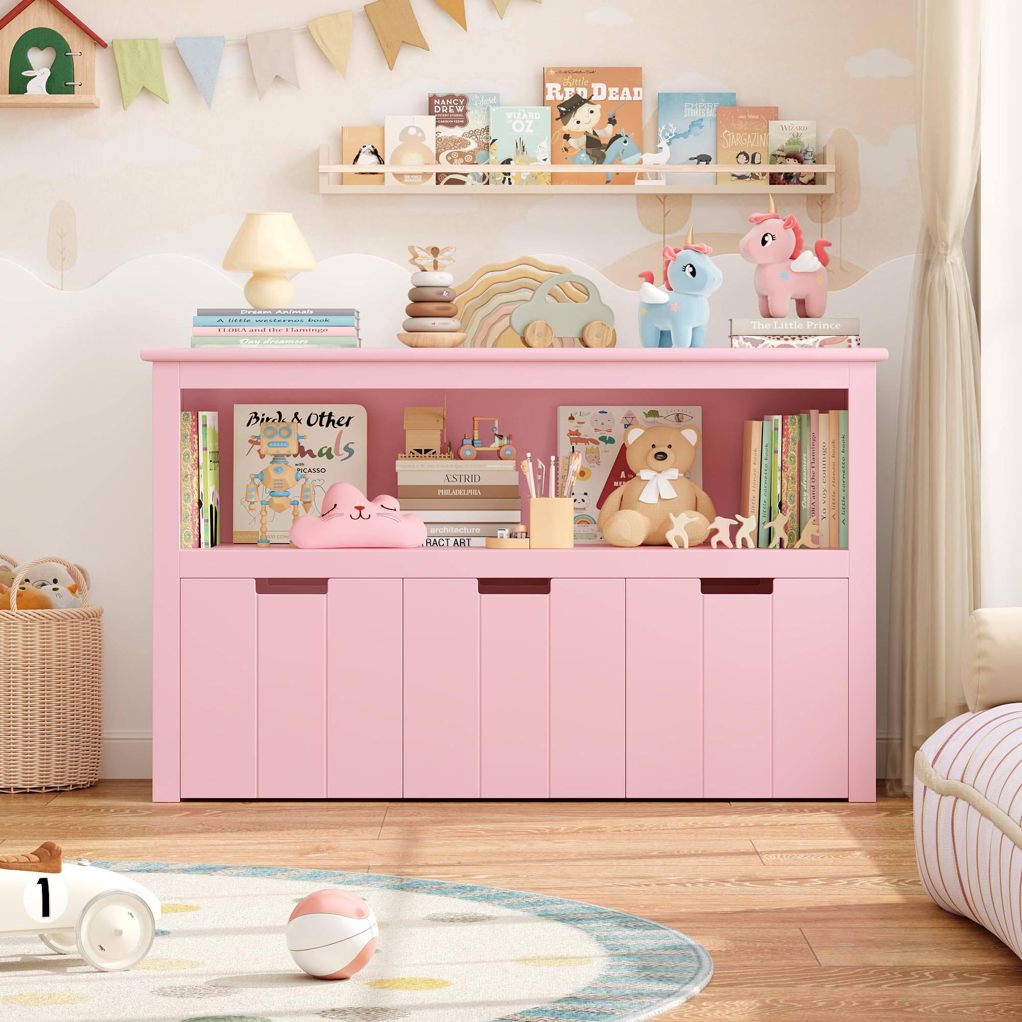 FOREHILL Kinderregal mit Boxen auf Rollen, Spielzeug Aufbewahrung Kinderzimmer Möbel, Spielzeugregal, Kinderschrank, Regal mit 3 Boxen, Truhen & Kisten für Kinder 102 x 33 x 61,5cm Rosa
