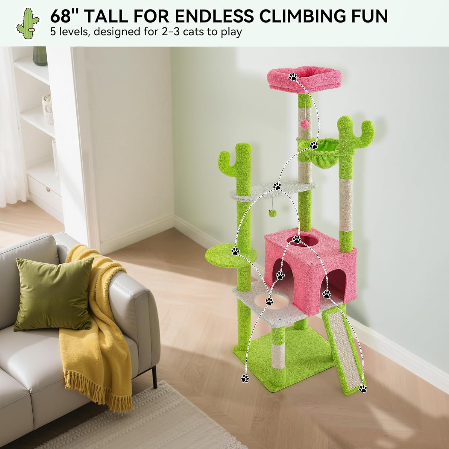 YITAHOME Tall Cactus Cat Tree: 68 in Cats Tower Activity Center with Sisal Posts, Hanging Balls, Nest, Pet Climbing Furniture Ideal for Indoor Kittens, Green & Pink