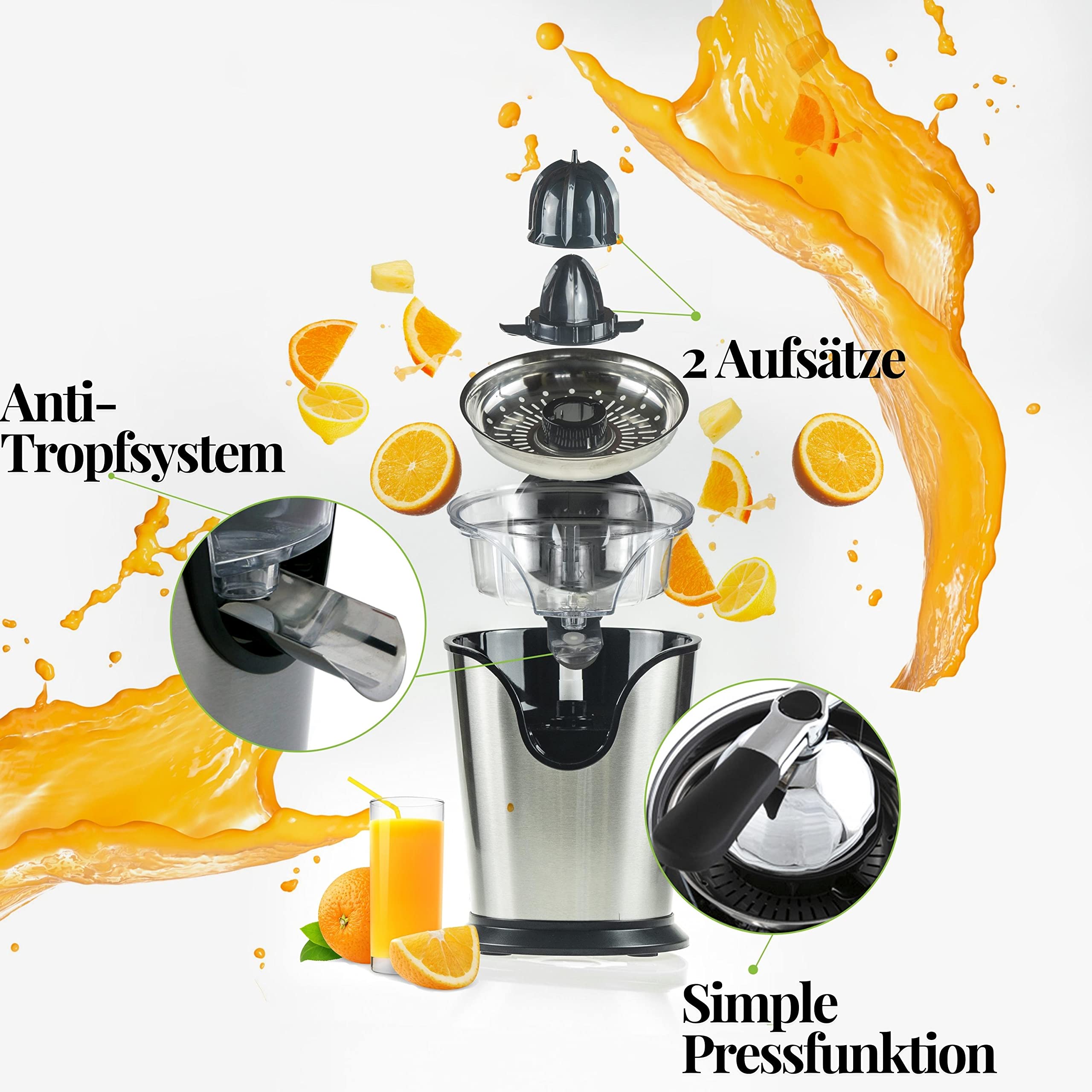Elektrische Edelstahl Zitruspresse | Longlife-Motor | 500 Watt | 2 Presskapseln | Edelstahlsieb | Elektrische Saftpresse | Auto-Start-Stop | Entsafter