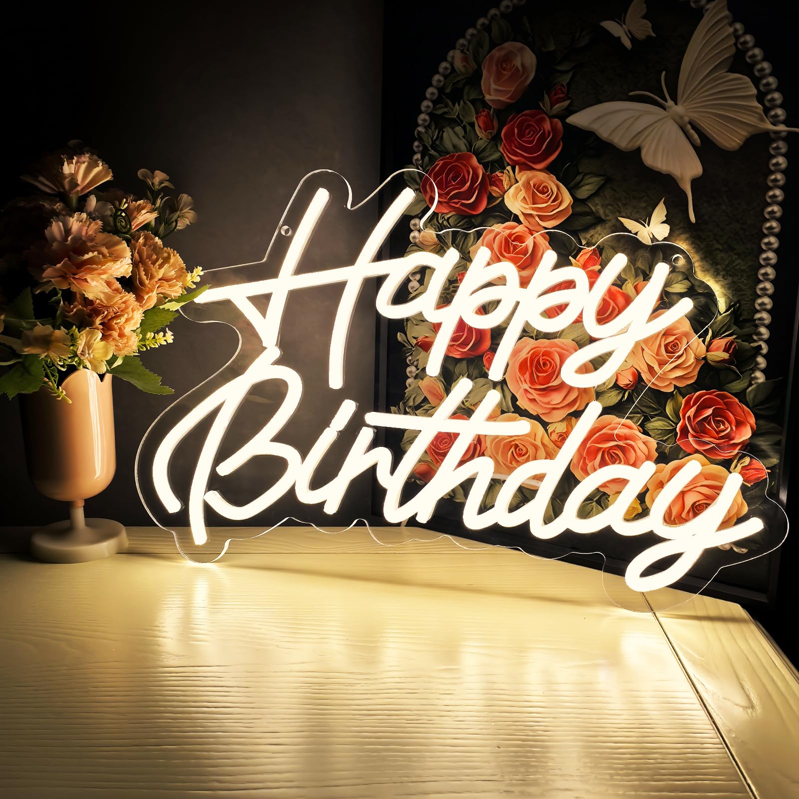 Neonowe znaki LED "Happy Birthday", ciepła biel, dekoracja ścienna, podświetlany znak USB, na przyjęcie urodzinowe, Święto Dziękczynienia, Boże Narodzenie, dekoracja sypialni, 5 V (16,5 x 28 cm)