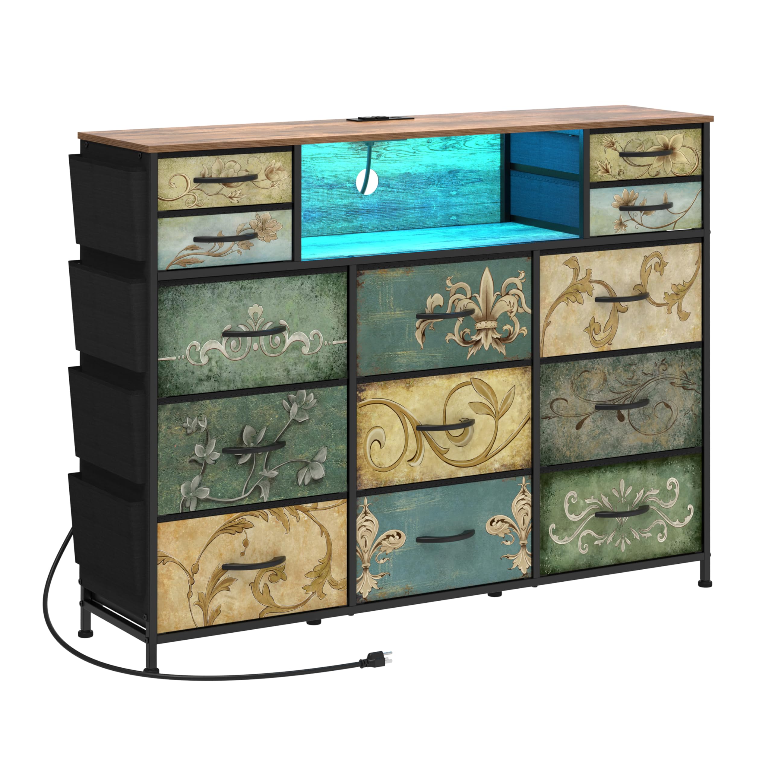 Tohomeor Retro Dresser with Charging Station & LED Light with Boho Fabric Drawers for Bedroom Chest of Drawers TV Stand with Power Outlet Open Shelf