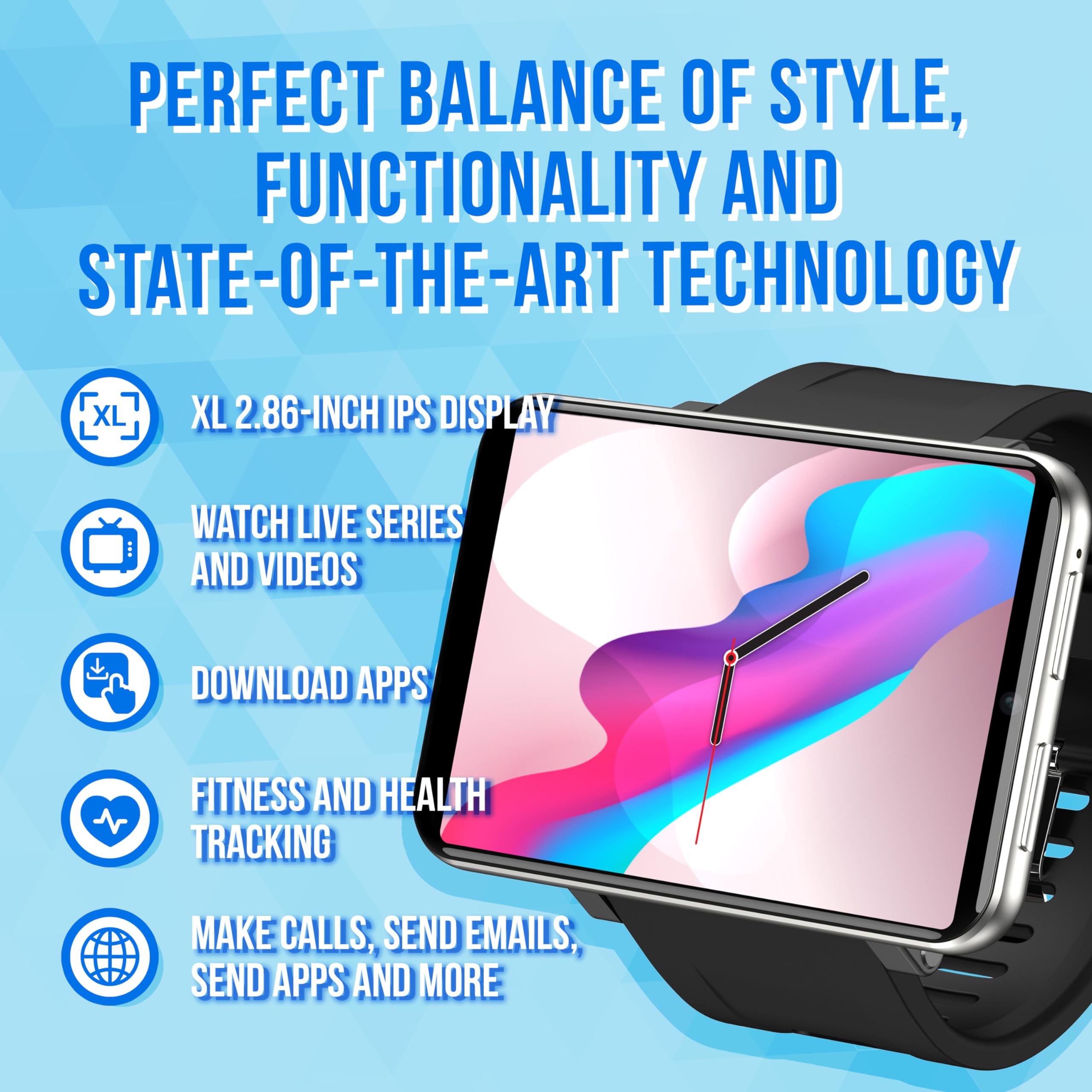 Silvergear® Smartwatch męski i damski XL, ekran dotykowy 2,4 cala, bardzo duży smartwatch, pamięć 16 GB, aparat, połączenia, aplikacje, zegarek fitness z pulsometrem iOS, Android