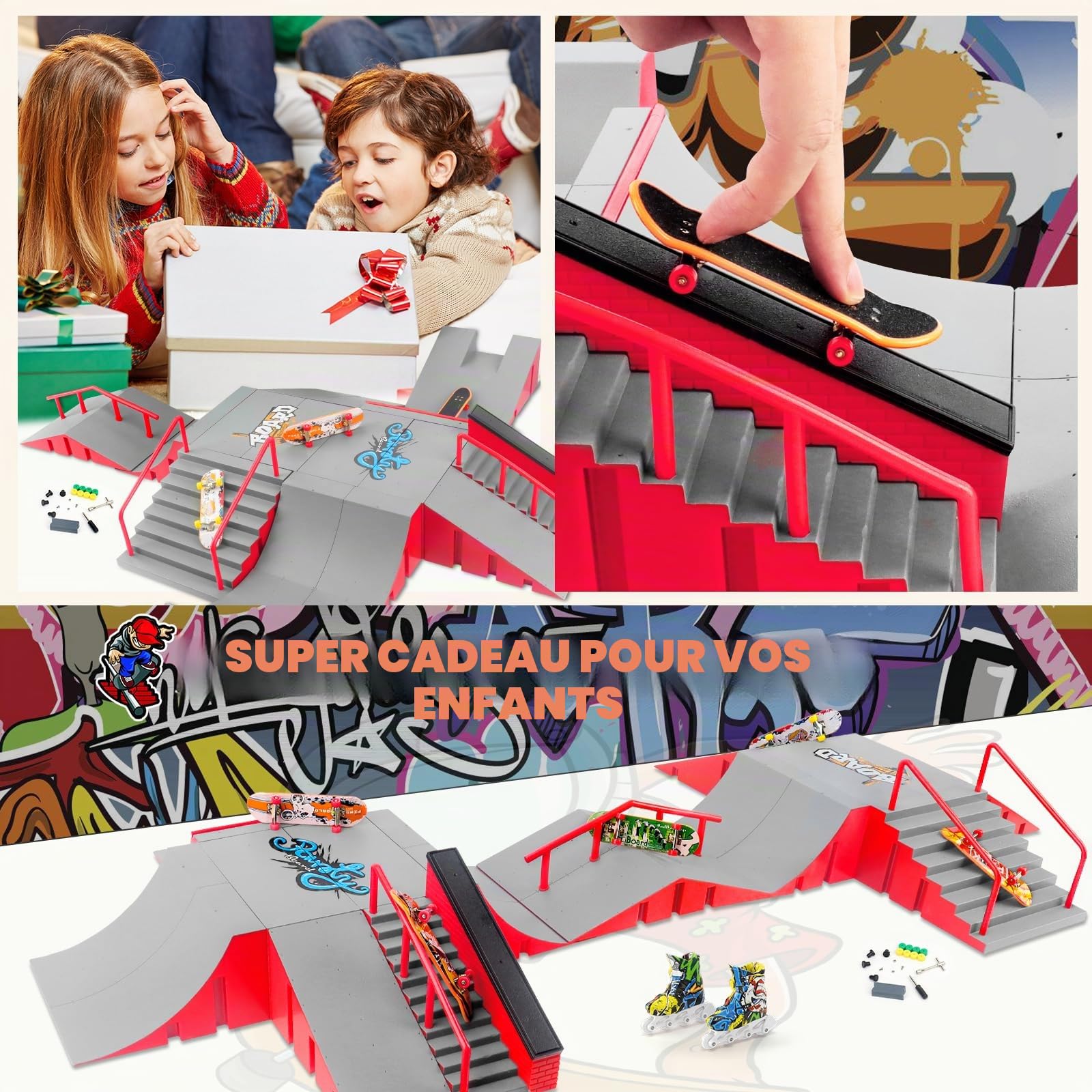 Tlater Kit de parc de skateboard pour doigts, ensemble de rampes de skateboard pour doigts 14 en 1 plus grand, ensemble de montage DIY Fingerboard Skatepark pour enfants, cadeau d'anniversaire