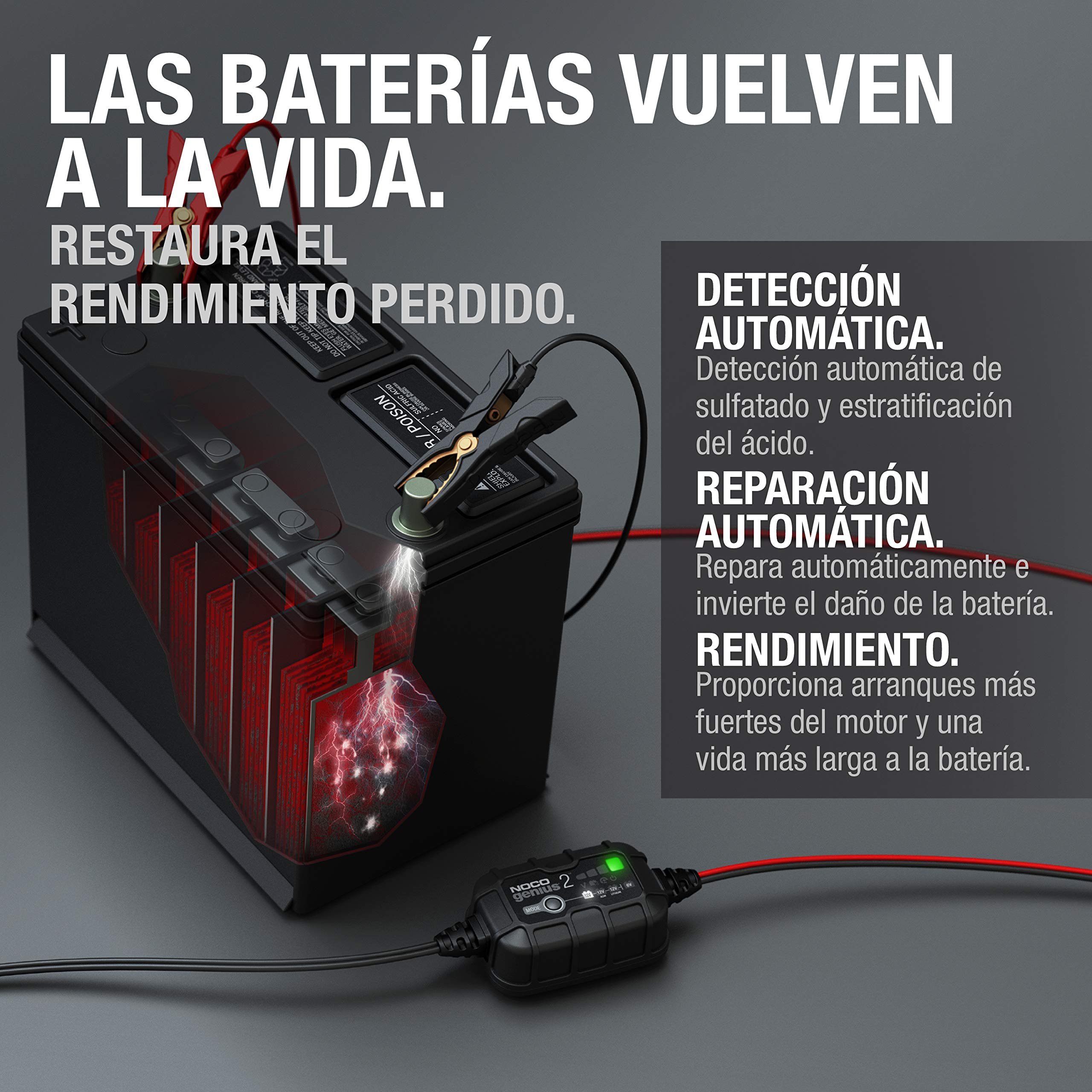 NOCO GENIUS2: Cargador Inteligente de baterías 2A 6V/12V – Mantenedor automático y desulfatador – Protección contra sobrecarga y compensación térmica – para baterías de Plomo y Litio