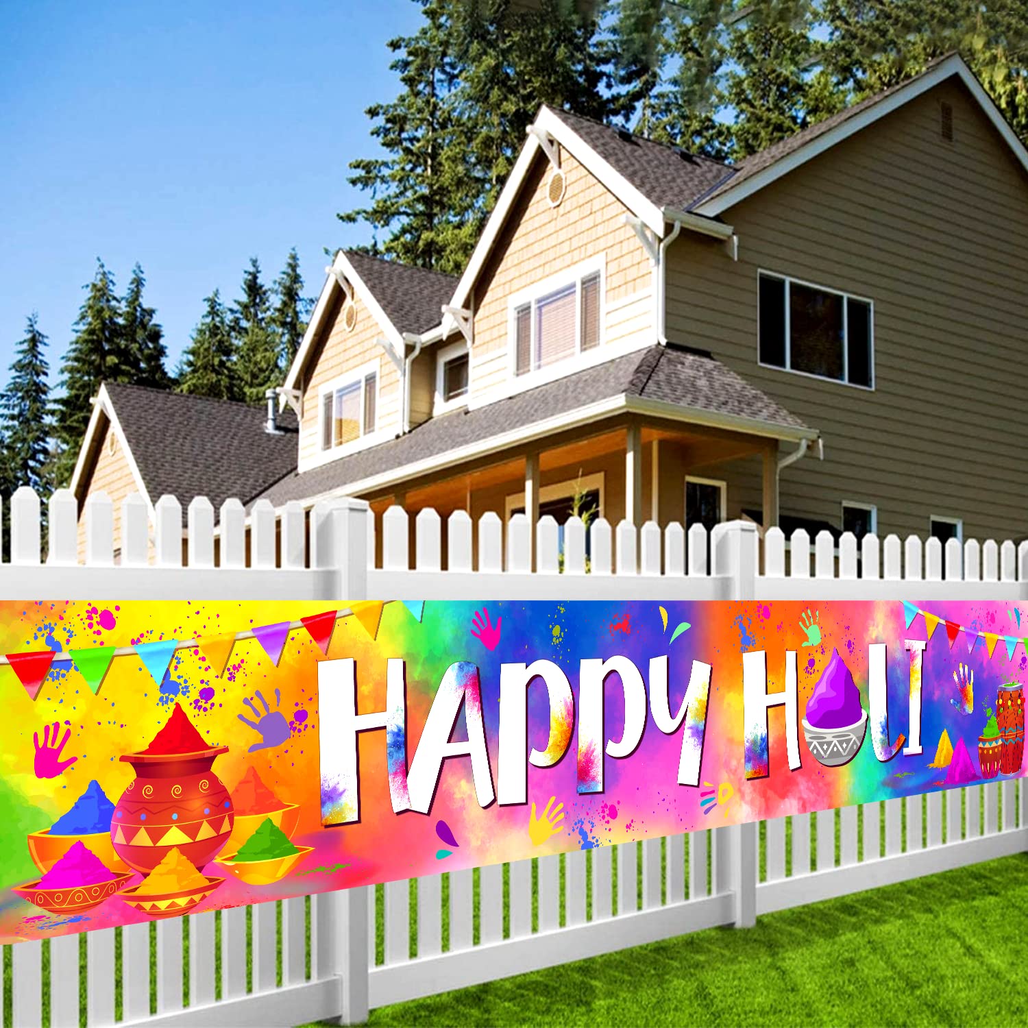 Happy Holi Banner, 9.8x1.6ft Holi Decorations Yard Banner, India Festival of Colors Photography Outdoor, Colorful Sign for Festival Of Colors Party Decorations