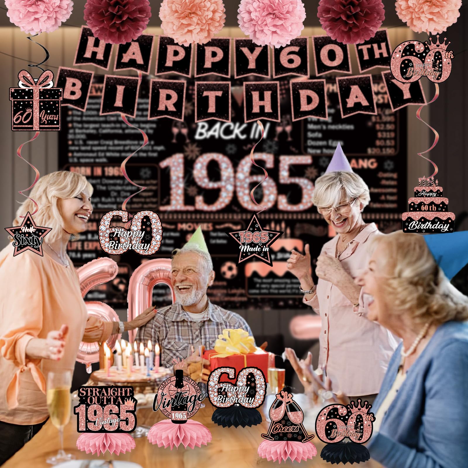 22pcs-60th birthday decorations, 1965 Banner Party Supplies, 60th Birthday Decorations for Women, Rose Gold 60 Year Old Birthday Backdrop,Vintage 60Birthday Honeycomb+Hanging Swirl+Paper Poms+Pump
