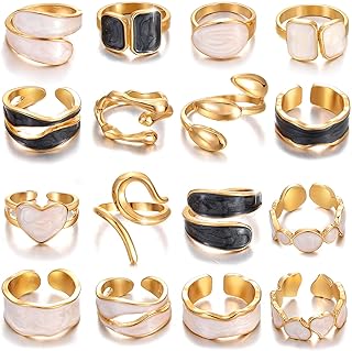 Golden Rings for Women, Chunky Adjustable Rings Set, Stackable Finger Ring Pack, Open Fashion Anillos Para Mujer Y2K Accessories Dripping-Paint Pearlized Finish Leaf Ring Stack Jewelry Gift