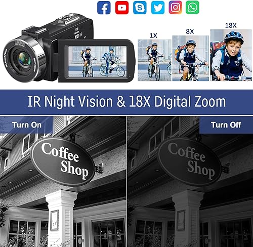 Miniatura 3 de Videocámara de videocámara 4K Ultra 48MP IR de visión nocturna, videocámara digital con zoom 18X, pantalla táctil de rotación de 3 pulgadas, cámara