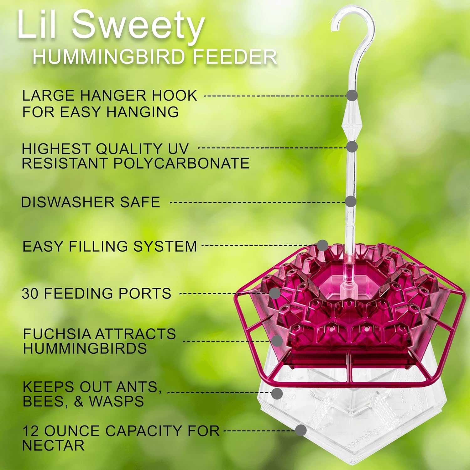 Lil Sweety Hummingbird Feeders | Outdoor Hanging Leak-Proof Feeder w/ 30 Feeding Ports | Built-in Moat, Feeding-Weather Proof & Easy-Filling System | 12-Oz Capacity | Made in The USA | Fuschia