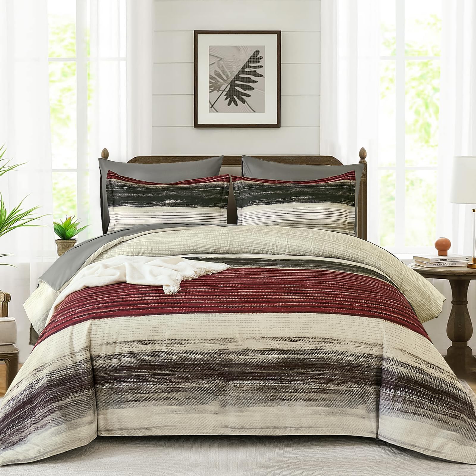 Red King Size Comforter Set, 7 Pieces Striped Bed in a Bag Comforter and Sheet Set, Boho Lightweight Microfiber King Bedding Set for All Season (104" x 90")