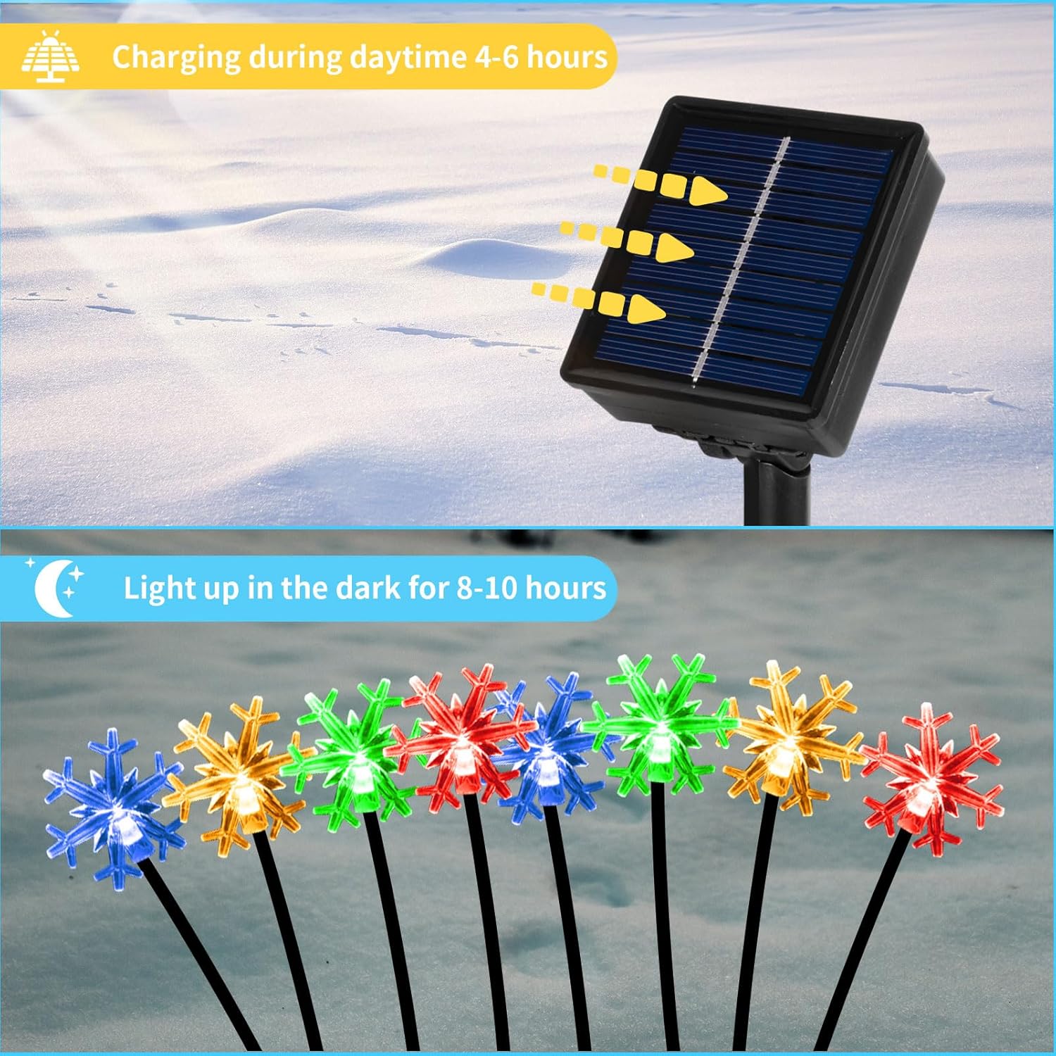Newhale Set of 4 Snowflake Solar Christmas Decorations, 8 Modes Swaying Garden Lights, Outdoor Pathway Solar Christmas Stake Lights, Upgraded Base on Firefly Light for Lawn Decor (Multicolor)