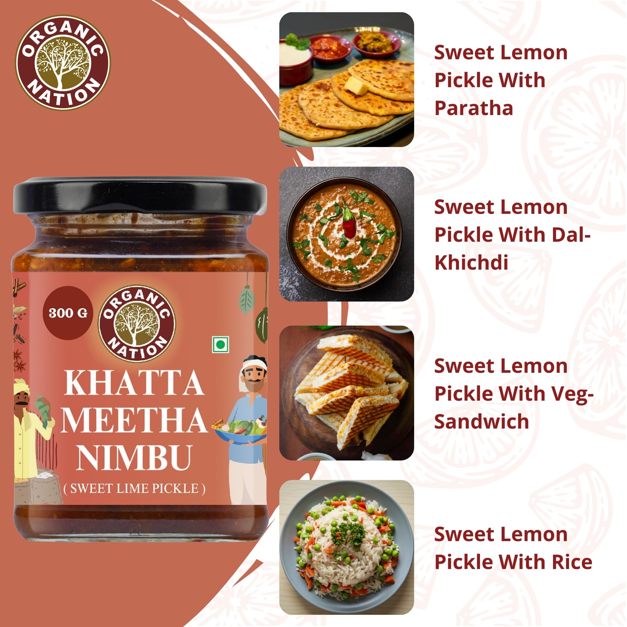 ORGANIC NATION Sweet Lemon Pickle - Delicious Khatta Meetha Nimbu Achar, Lemon Pickle, 300g, Natural Ingredients, No Preservatives, Perfectly Balanced Flavor, Vibrant Yellow 1