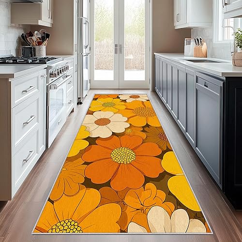 Alfombra de pasillo floral de los años 70, 2 x 8, alfombra de pasillo retro con patrón de flores amarillas, antideslizante, lavable, decoración