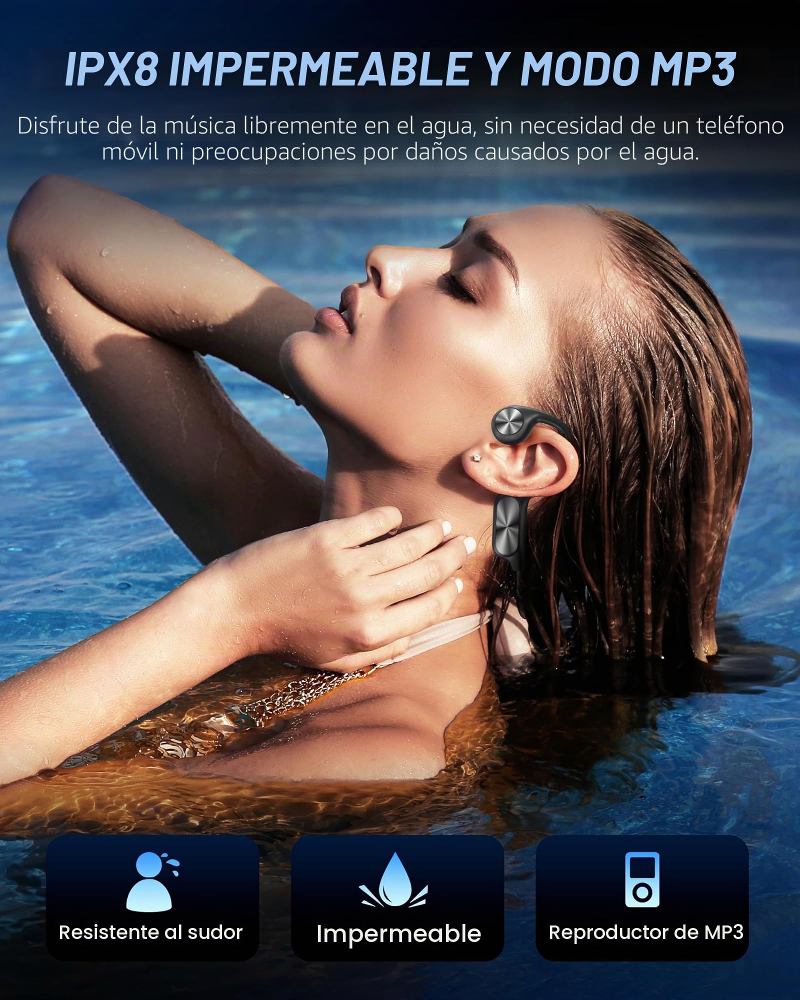 WalkerFit Auriculares Conducción Ósea Bluetooth 5.4, Auriculares Natación IPX8 Impermeables con MP3 Acuáticos 32GB, Cascos Open Ear Inalámbricos Deportivos para Natación, Correr, Ciclismo (Negro)