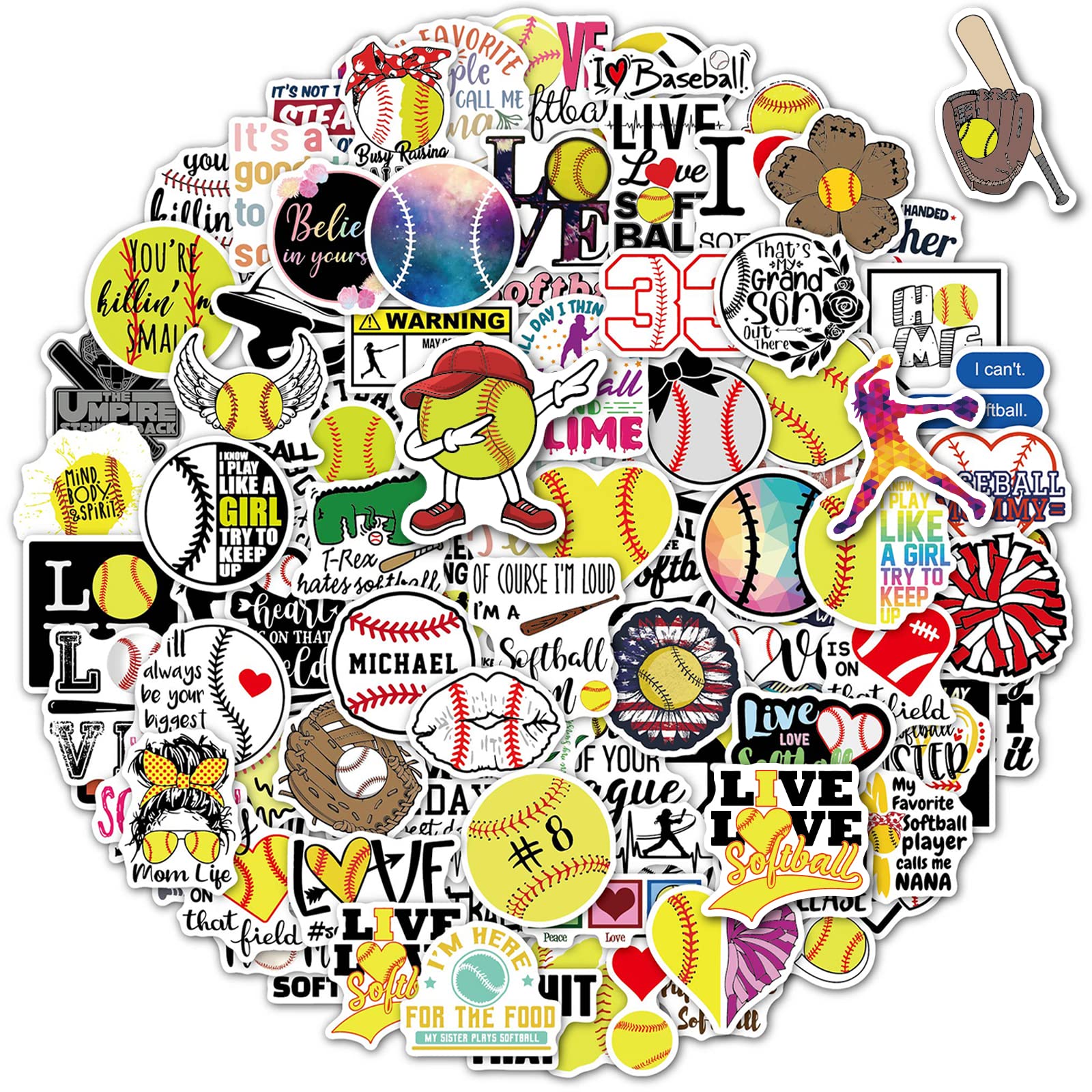 100 Pcs Softball Stickers Pack, Softball Accessories Gifts for Kids Teens Girls Boys, Vinyl Waterproof Sports Stickers for Water Bottle Hydroflask Laptop Skateboard Helmet