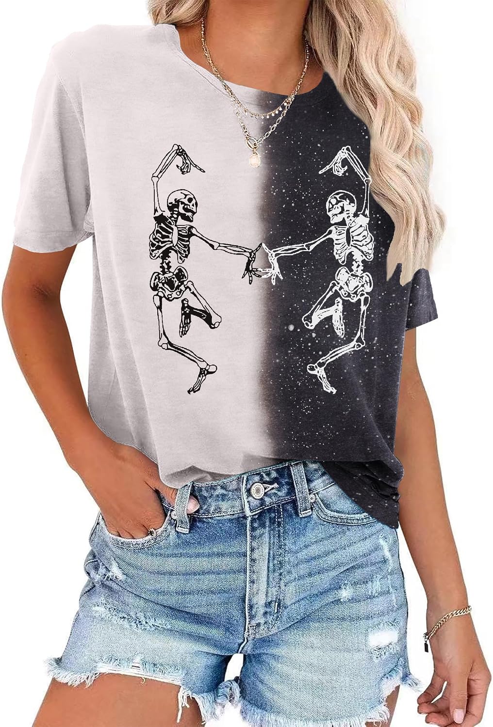 Dancing Skeleton Shirt for Women Happy Halloween T-Shirt Short Sleeve image 3