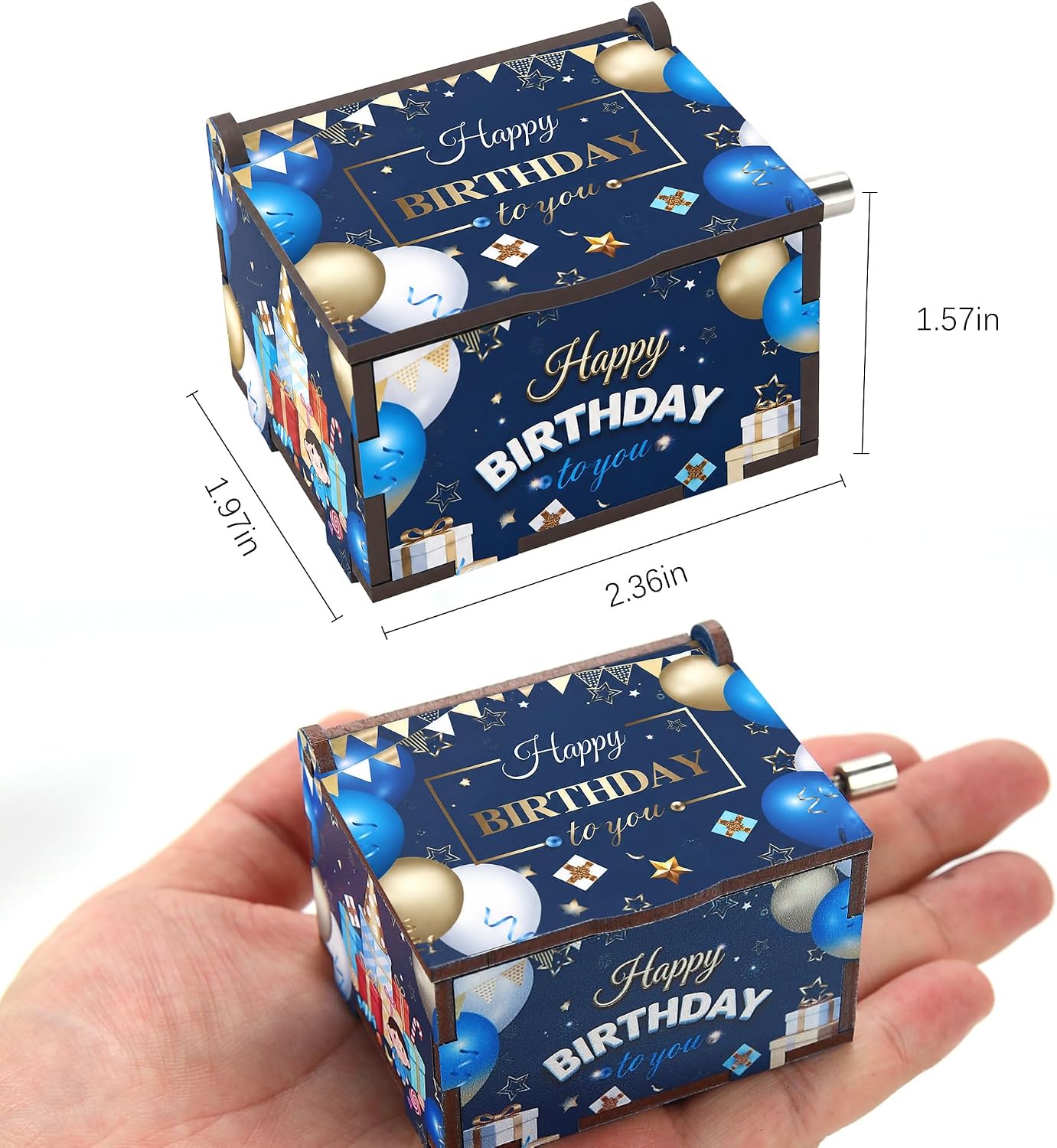 Wooden Hand Crank Music Box, Happy Birthday Melody, Mini Gift Keepsake Blue