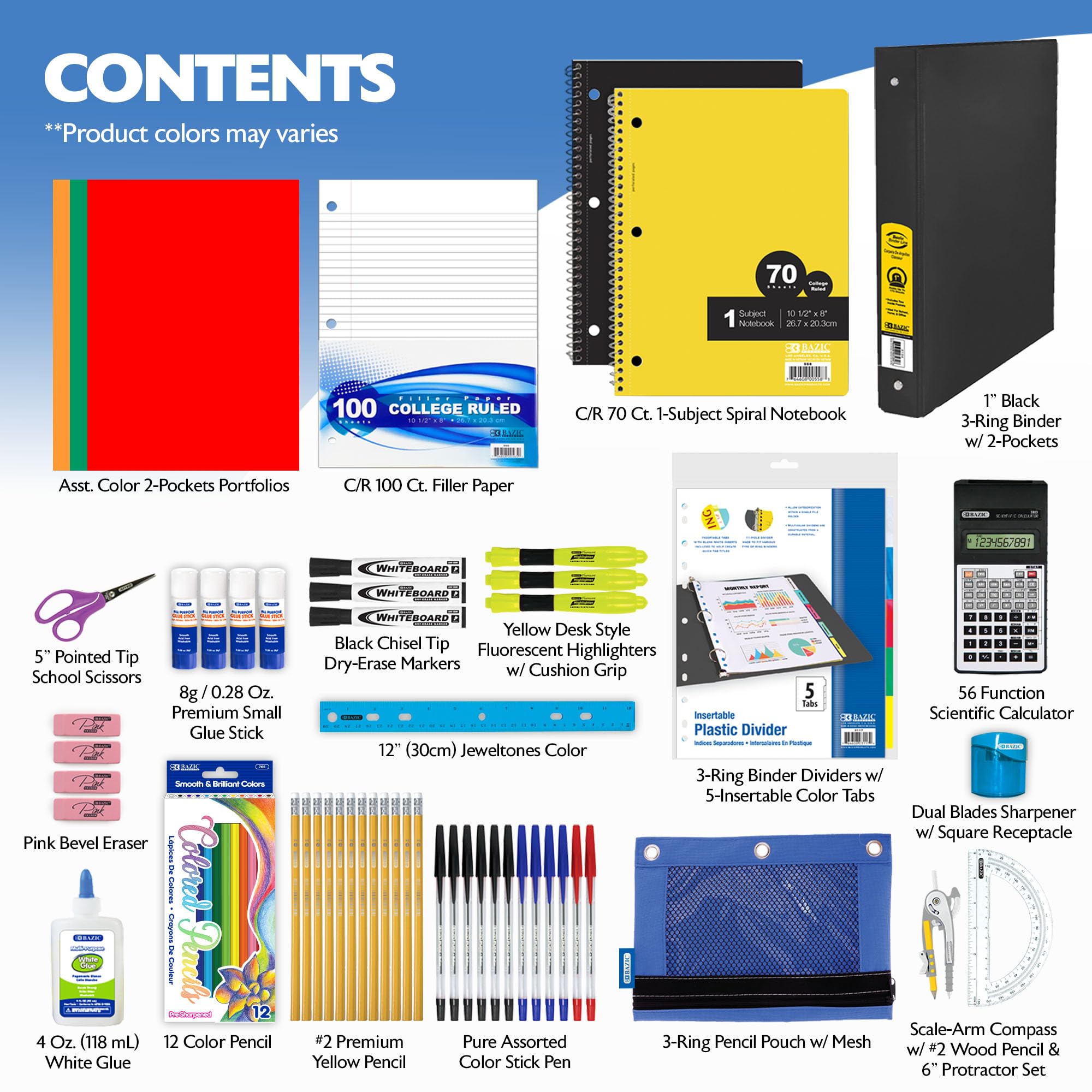 BAZIC PRODUCTS Middle & High School Kit Supply Box, 65-Count Student Set for Grade 7-12, Complete School Supply Kit with Middle School Supplies, Organized Supply Box for Highschool, 1-Pack