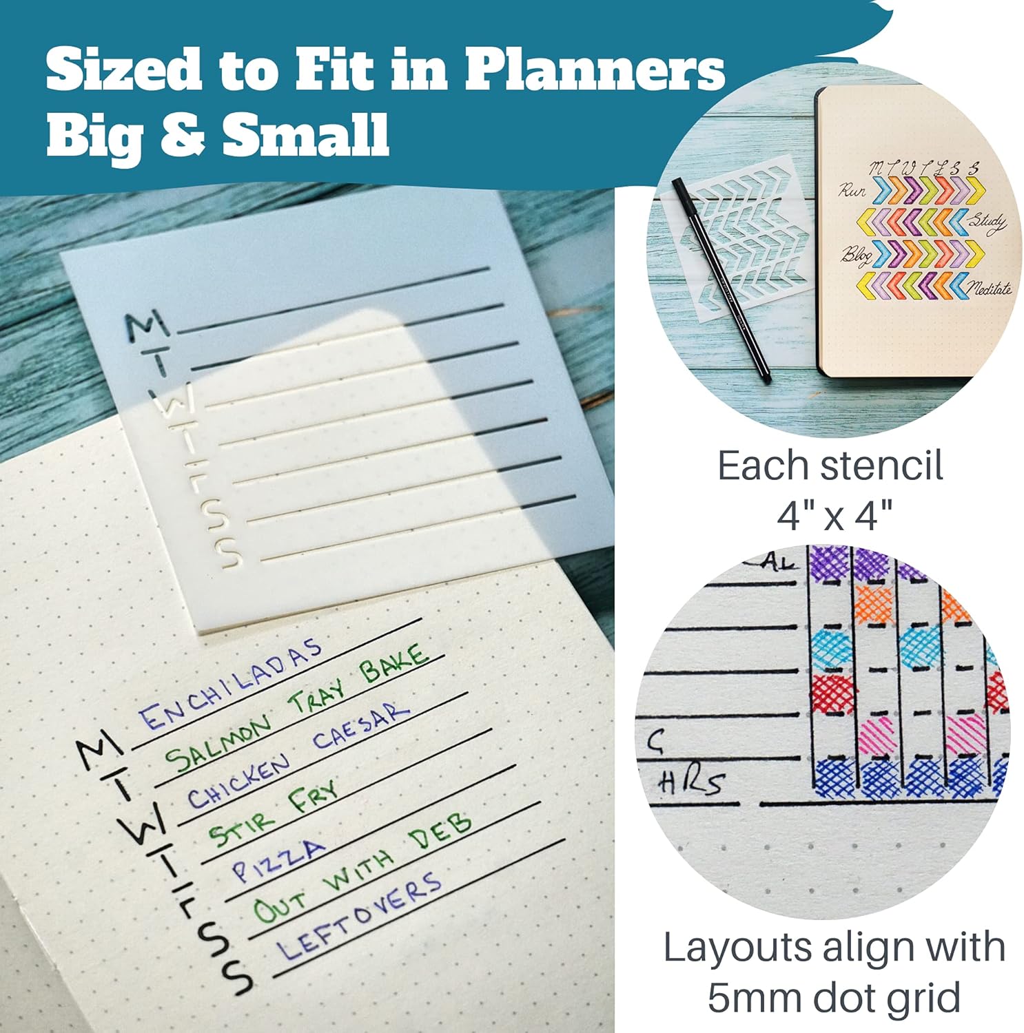 Portable Planner Stencils - x16 Small Square Journal Stencils with Templates for Habit Trackers, Calendars, Checklists, Meal Plans - Journaling Supplies Kit & Planner Accessories for Bullet Journals : Office Products