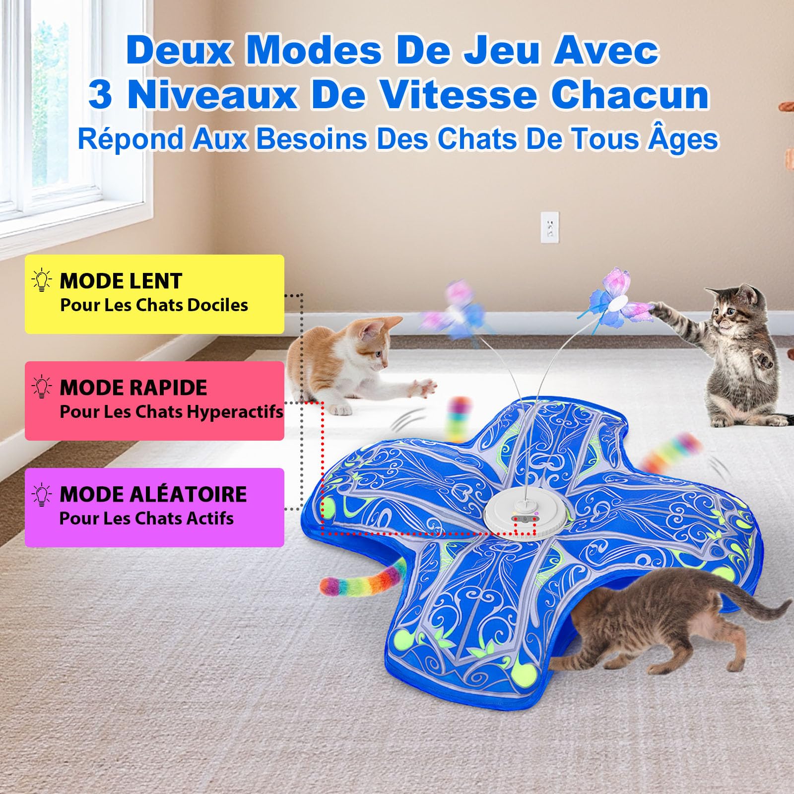 Jouet Interactif pour Chats d'Intérieur, [Nouvelle Version Améliorée] Jouet Rechargeable pour Chaton à Activation Tactile avec Jeu de Cache-Cache et Élément Virevoltant (Bleu)