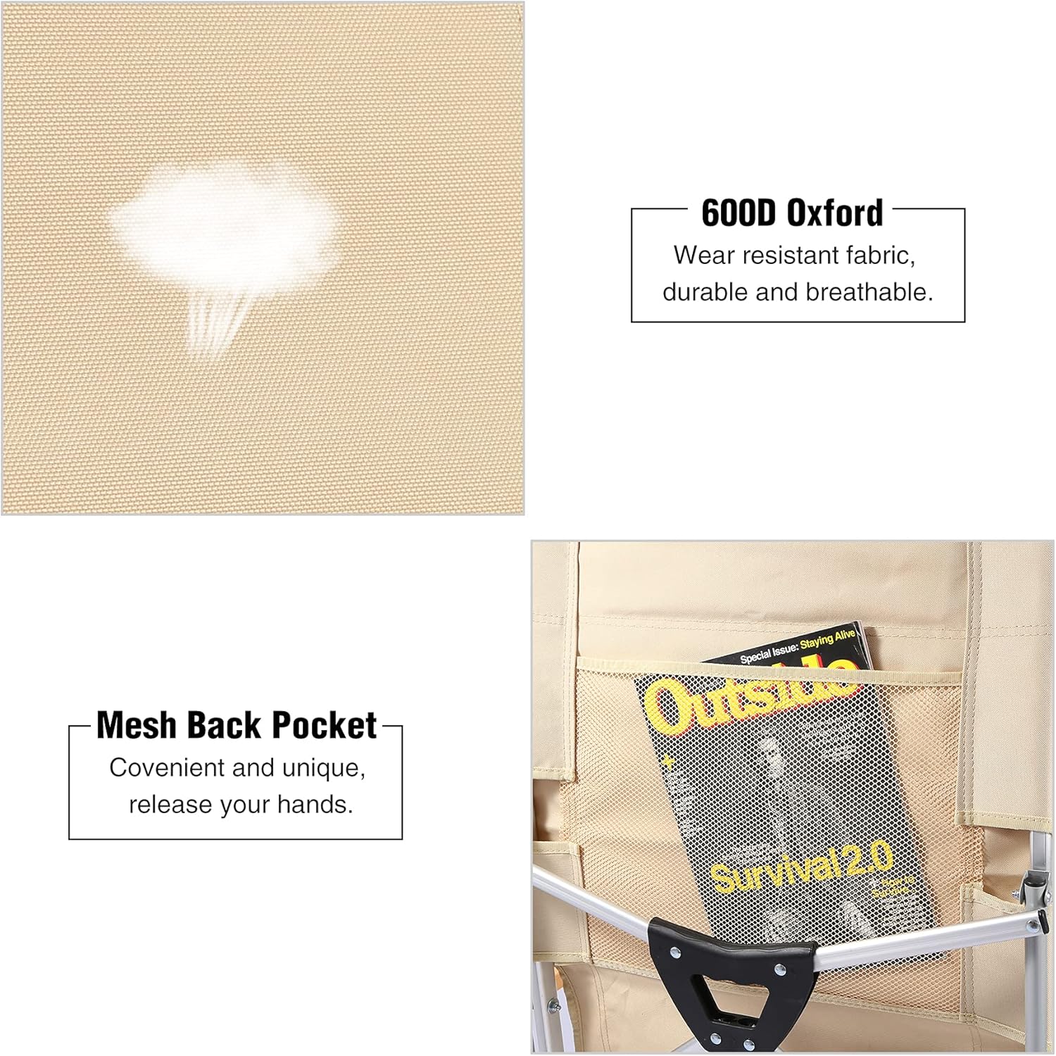 REDCAMP Folding Chair Patio Lounge Chair Adjustable, Portable Recliner Chair Fishing Chair for Camping Outdoor Beach, Beige : Patio, Lawn & Garden