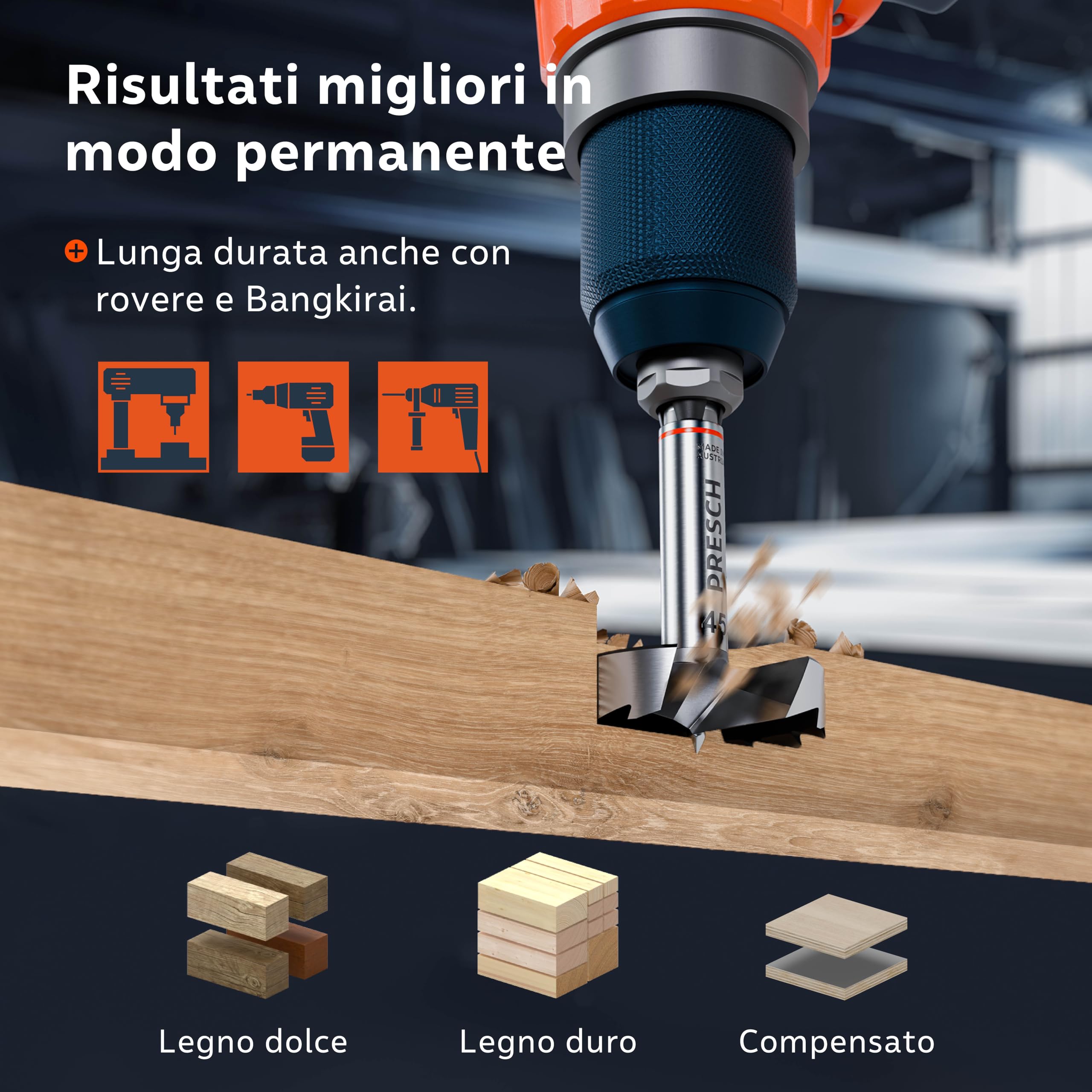 Presch Punta Forstner Ø 45mm - Punta per legno di alta qualità e durata con taglienti estremamente affilati - Punta centrale precisa per una perfetta concentricità
