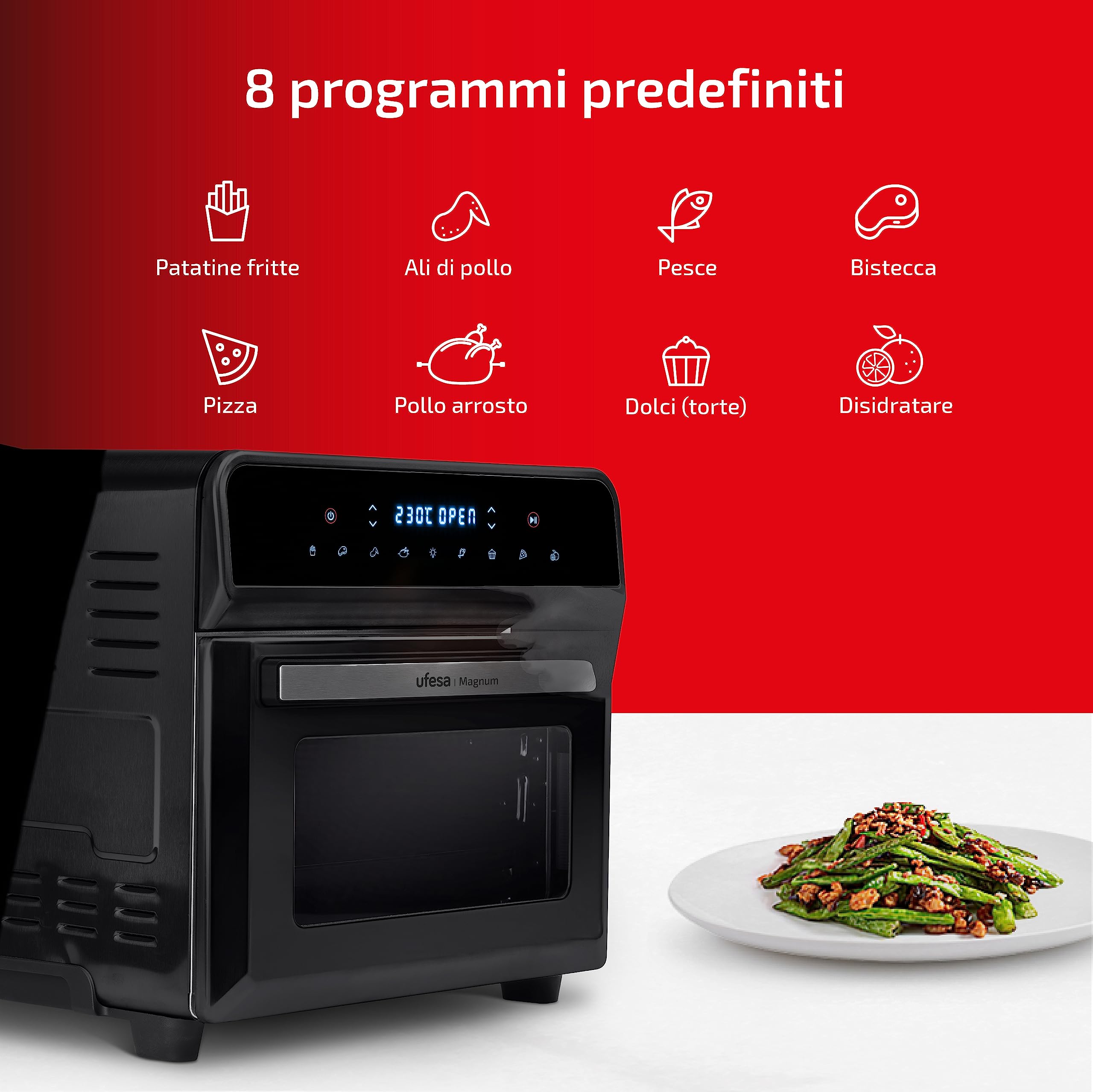 Ufesa Magnum Friggitrice ad Aria XXL, Air Fryer da 23 L, Doppia Resistenza, 8 Programmi, Girarrosto, 1800W, Controllo Digitale, Temperatura 230ºC, 6 Accessori Inclusi, Corpo In Metallo