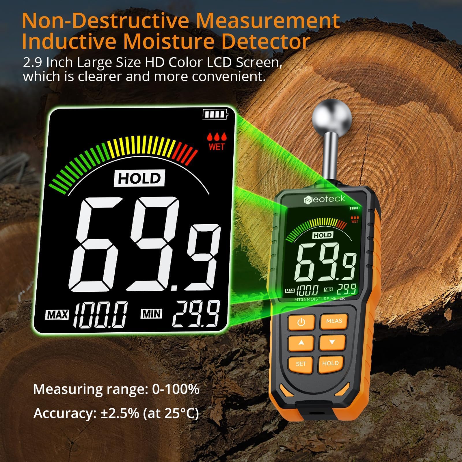 Neoteck Spherical Inductive Moisture Meter 5-40mm Analysis Depth Pinless Moisture Meter with 3-Color LCD Indicator,USB Rechargeable Wood Meter Light and Buzzer Alarm for Wall,Wood,Masonry,Concrete