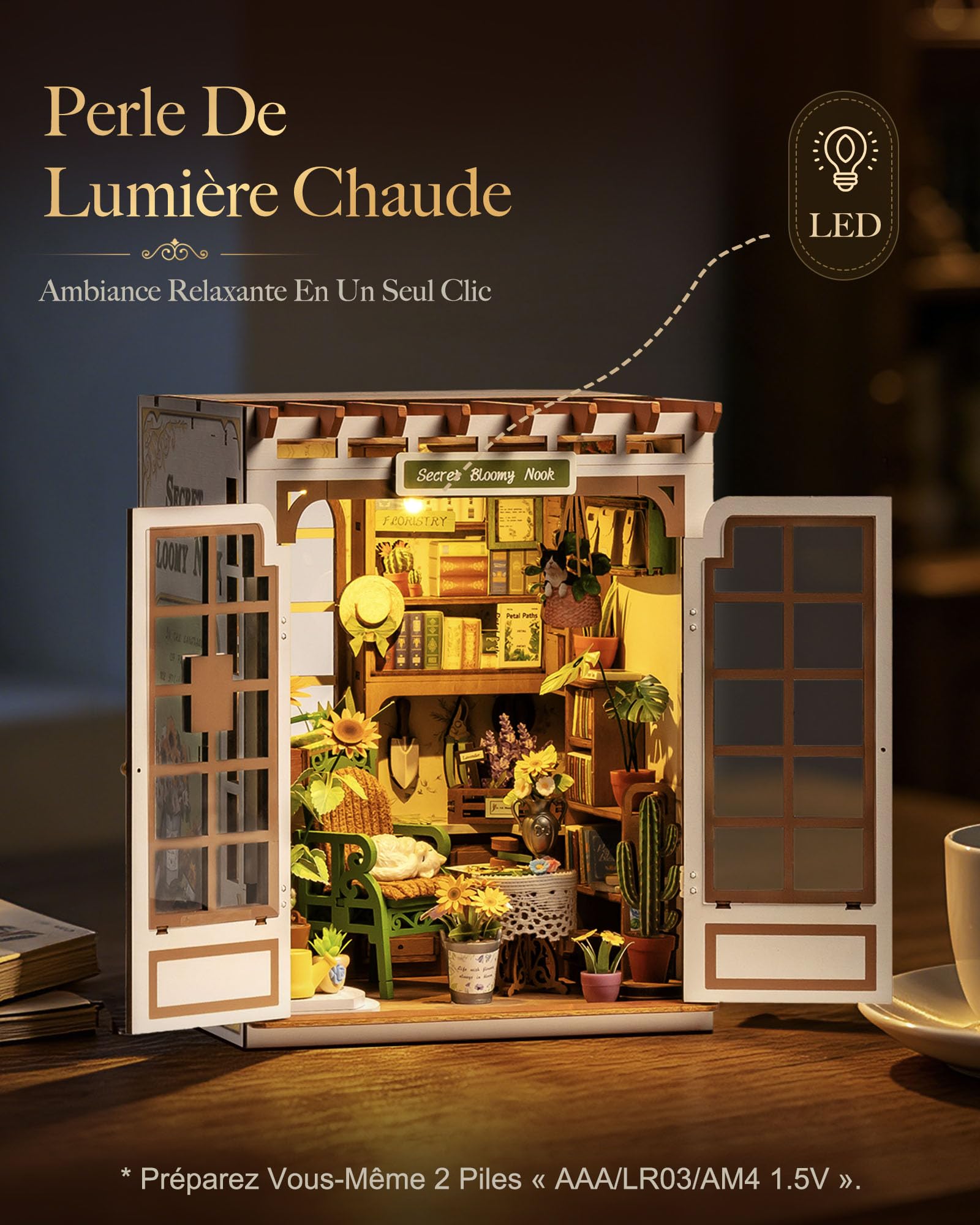 Rolife Book Nook DIY Maquette en Bois Adulte avec Lumières Monde Floral Secret Puzzle 3D Miniature Maison à Construire Serre-Livres Diorama Décoration Livre Bibliothèque Salon