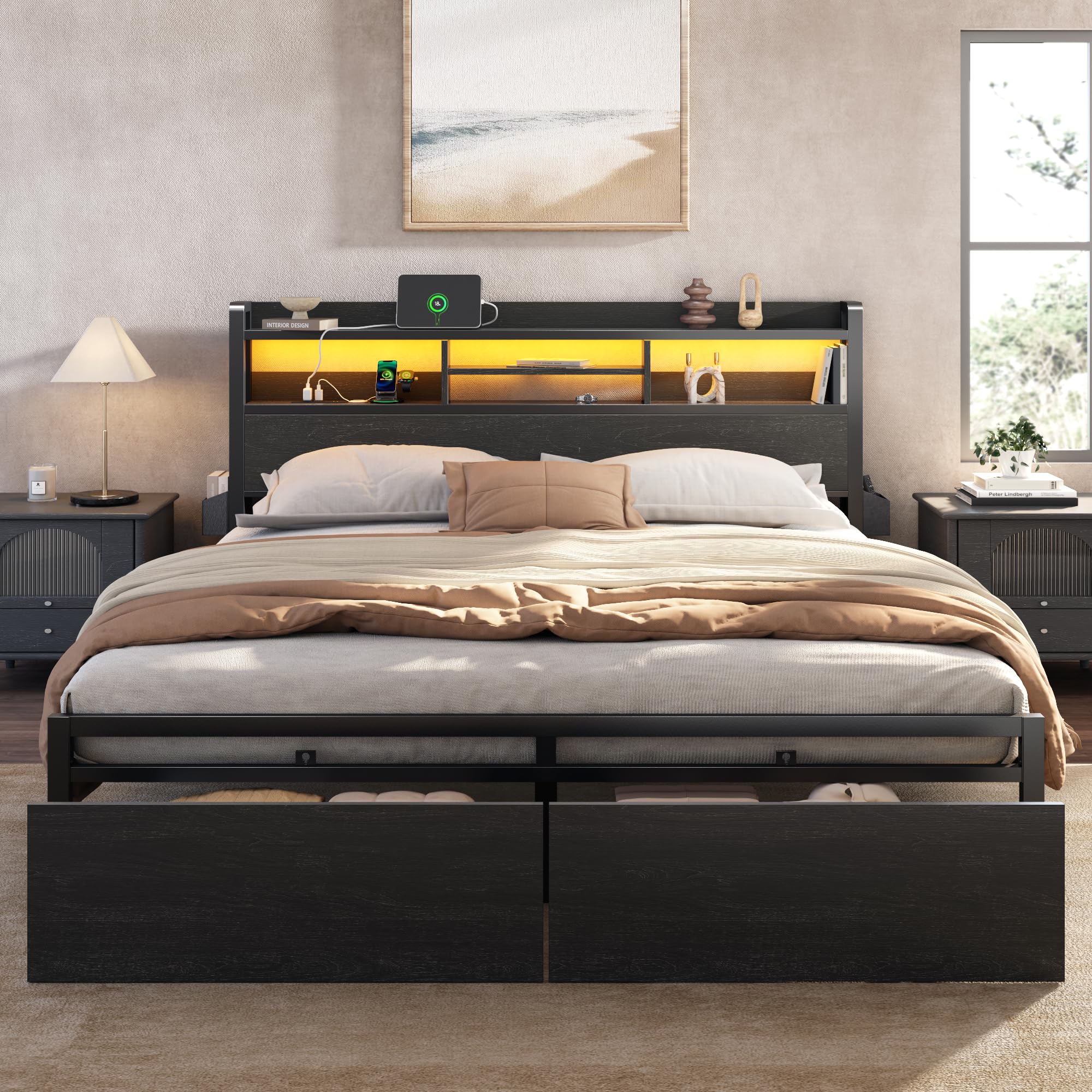 Furnulem King Bed Frame with Wood Headboard Storage Drawers Metal Platform Bed Frames King Size with LED Lights