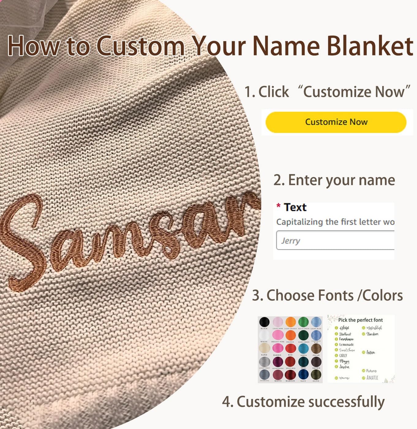 iBedding Personalized Baby Blanket - Custom Blanket with Name, Customized Handmade Chunky Knit Nursery Embroidered Baby Boy Girl Blankets Gifts (30x40in)