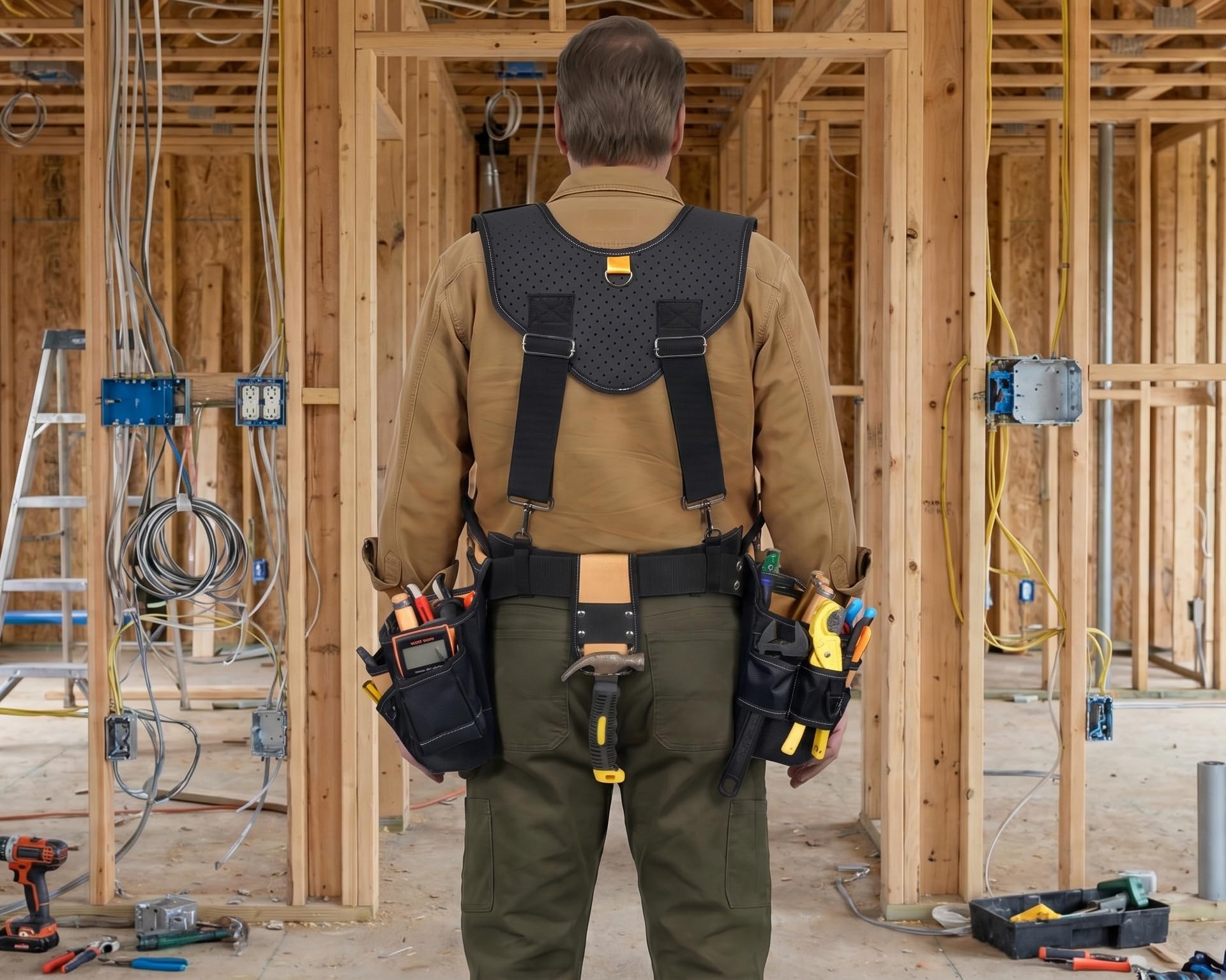 Professioneller Werkzeuggürtel mit 40 Taschen, 1680D Stoff, mit Hosenträgern, strapazierfähig, abnehmbar, verstellbar, Werkzeuggürteltasche für Techniker/Tischler/Rahmen/Bau/Dachdecker/Bauunternehmer