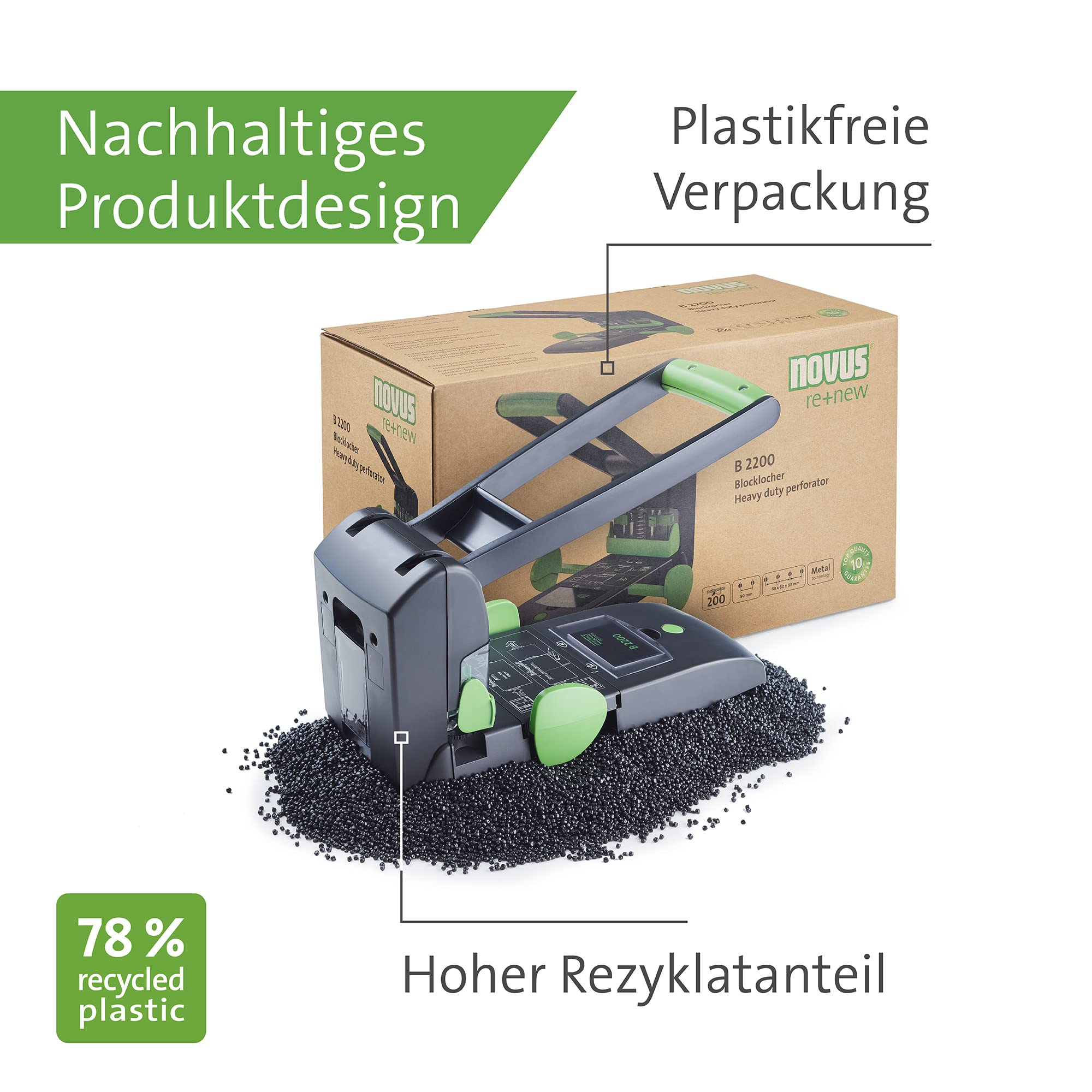 Novus B 2200 re+New Sustainable Block Punch (200 Sheets, Double and Quad Holes, Solid Metal Device with Plastic Coating Made of 78% Recycled Plastic) Black Green