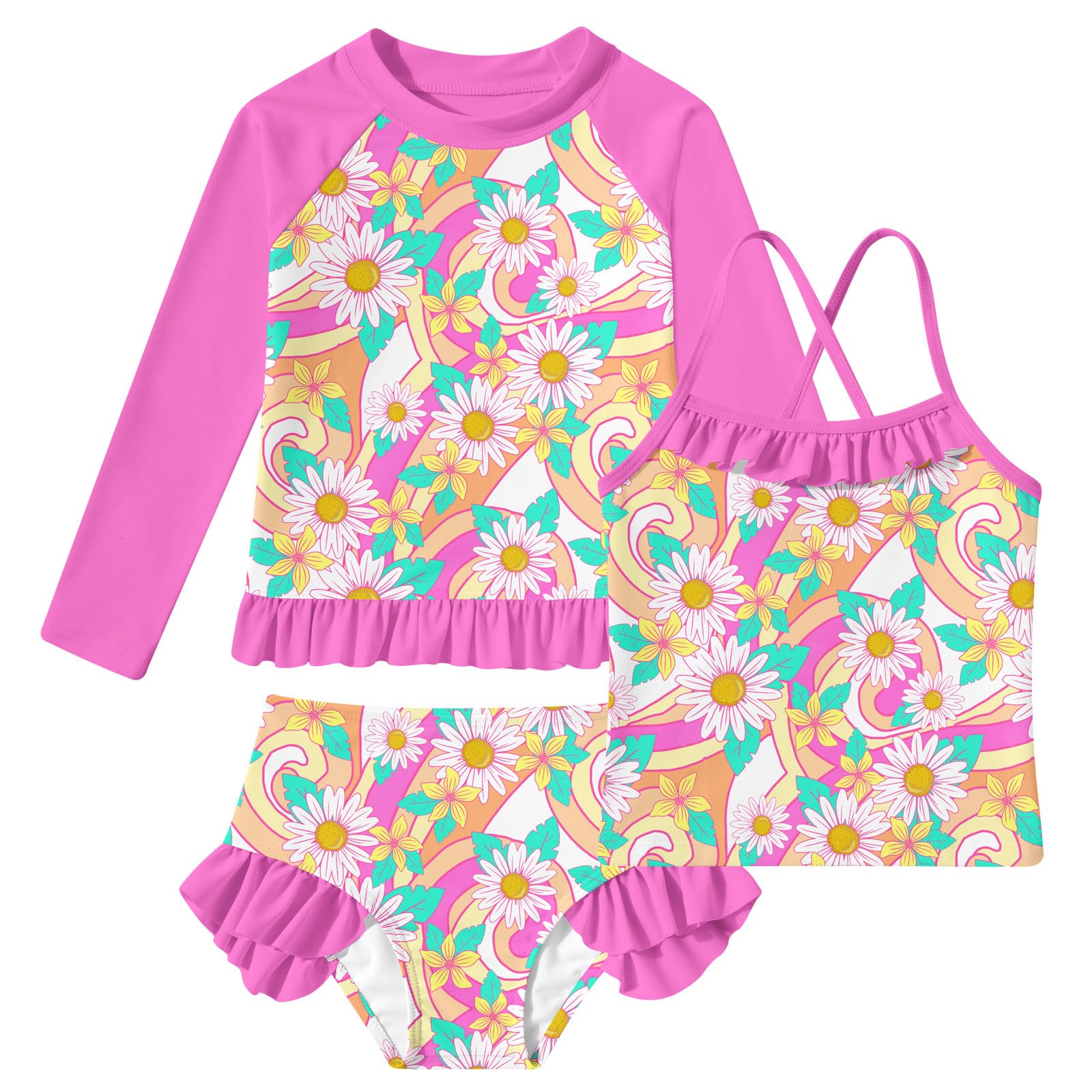 BFUSTYLE Girls Swimsuit 3 Pieces Rash Guard Kids Bathing Suit 3-8 Years | Funny Sun Protection Quick Dry Summer Beach Long Sleeves Swimwear Tankini Set
