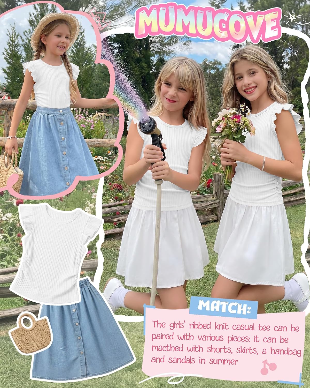 Girls' Ruffle Short Sleeve T-Shirts Crewneck Ribbed Knit Slim Fit Tank Tops Ruched Side Casual Summer Tee 5-14 Years