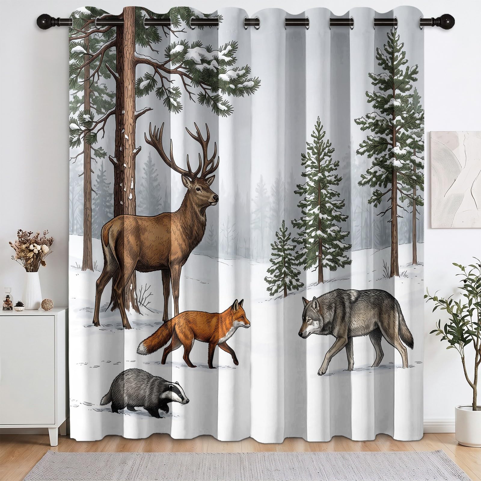 Generisch Natur Wald Tiere Vorhänge für Schlafzimmer 138 x 117 cm (H x B), Thermo Verdunkelung Hirsch Rotfuchs Vorhang Wohnzimmer Kälteschutz - Blickdichte Gardinen mit Ösen, 2 Stück