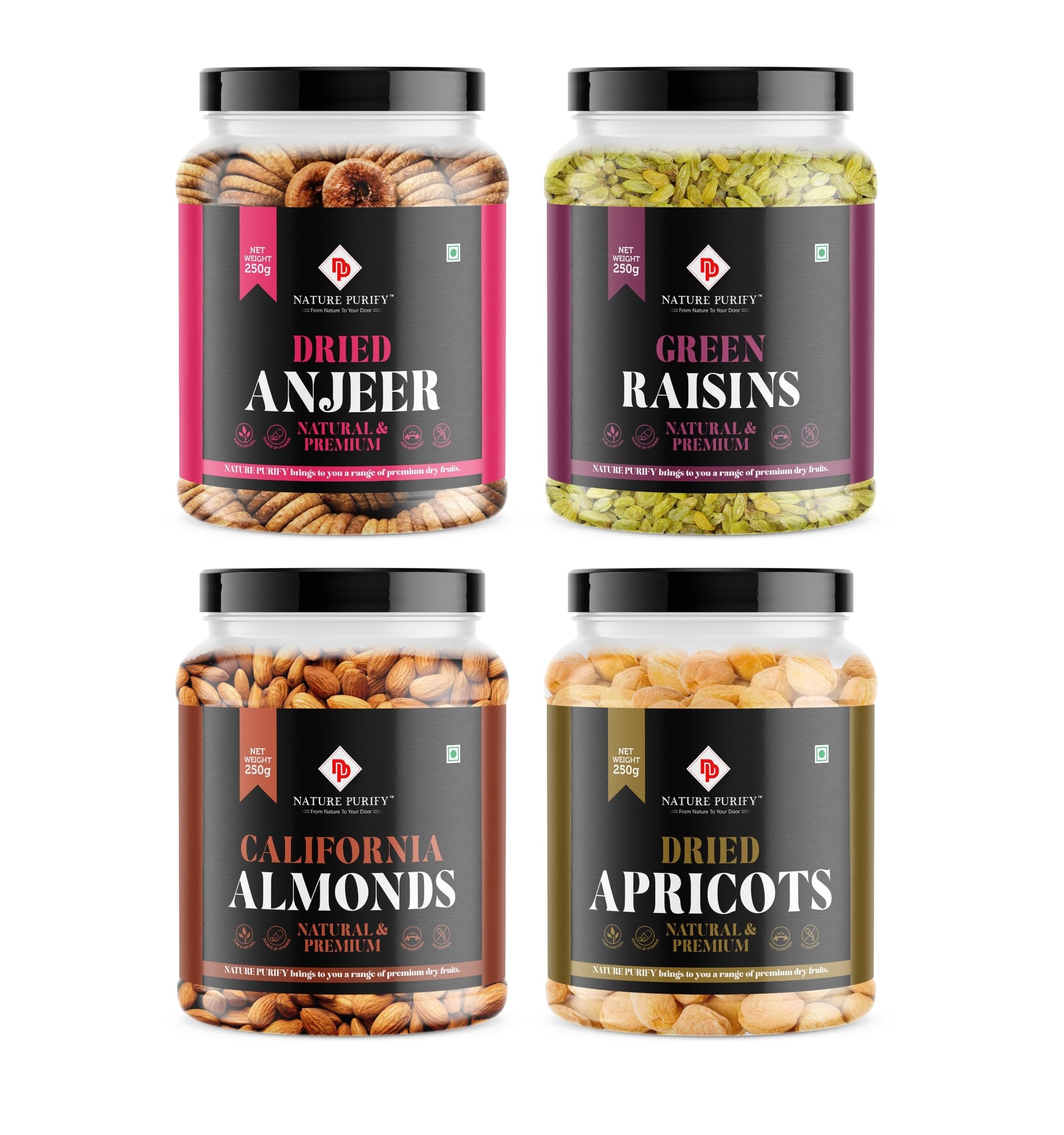 Nature Purfiy Premium Dry Fruit Combo 1kg Almond, Anjeer, Apricot, Raisins (250g Each)