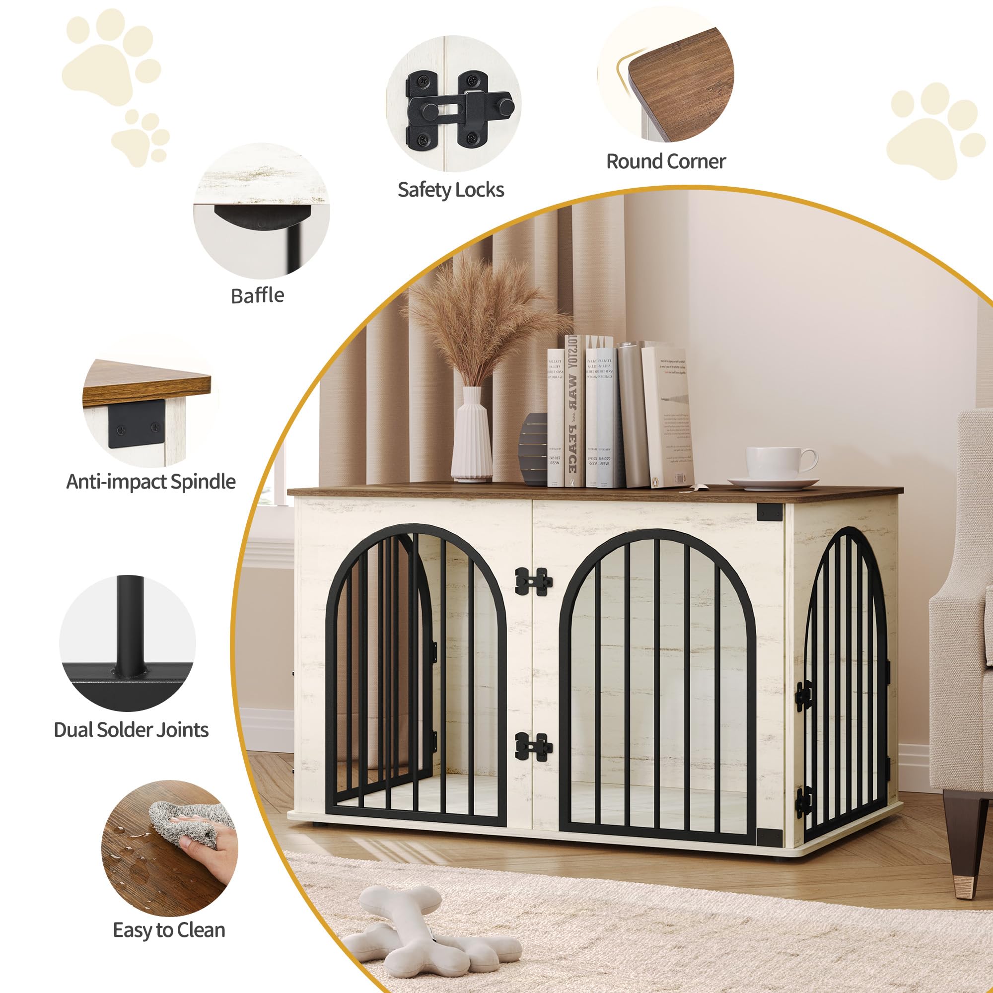 Hzuaneri Hundekäfig Möbel, 100cm Hundebox für Zuhause, 3 Türen, Bogentür, Moderne Hundebox Indoor für Hunde, Beistelltisch, Hundekäfig Hochbelastbar, 100 x 60 x 63 cm, Weiß Braun DFC84114B