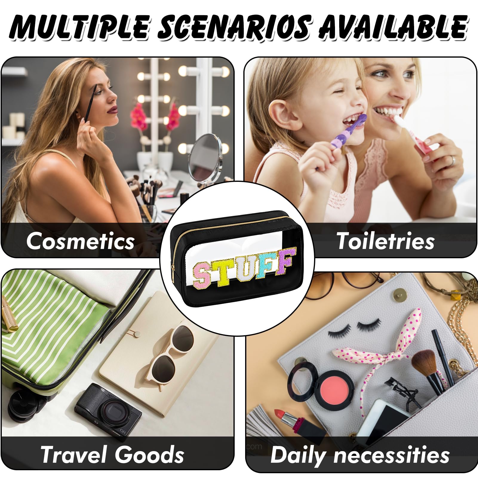 URSKYTOUS Bolsa de maquillaje transparente de chenilla con letras de nailon, bolsa de cosméticos con cremallera, bolsa de maquillaje de viaje transparente de PVC transparente, impermeable, organizador
