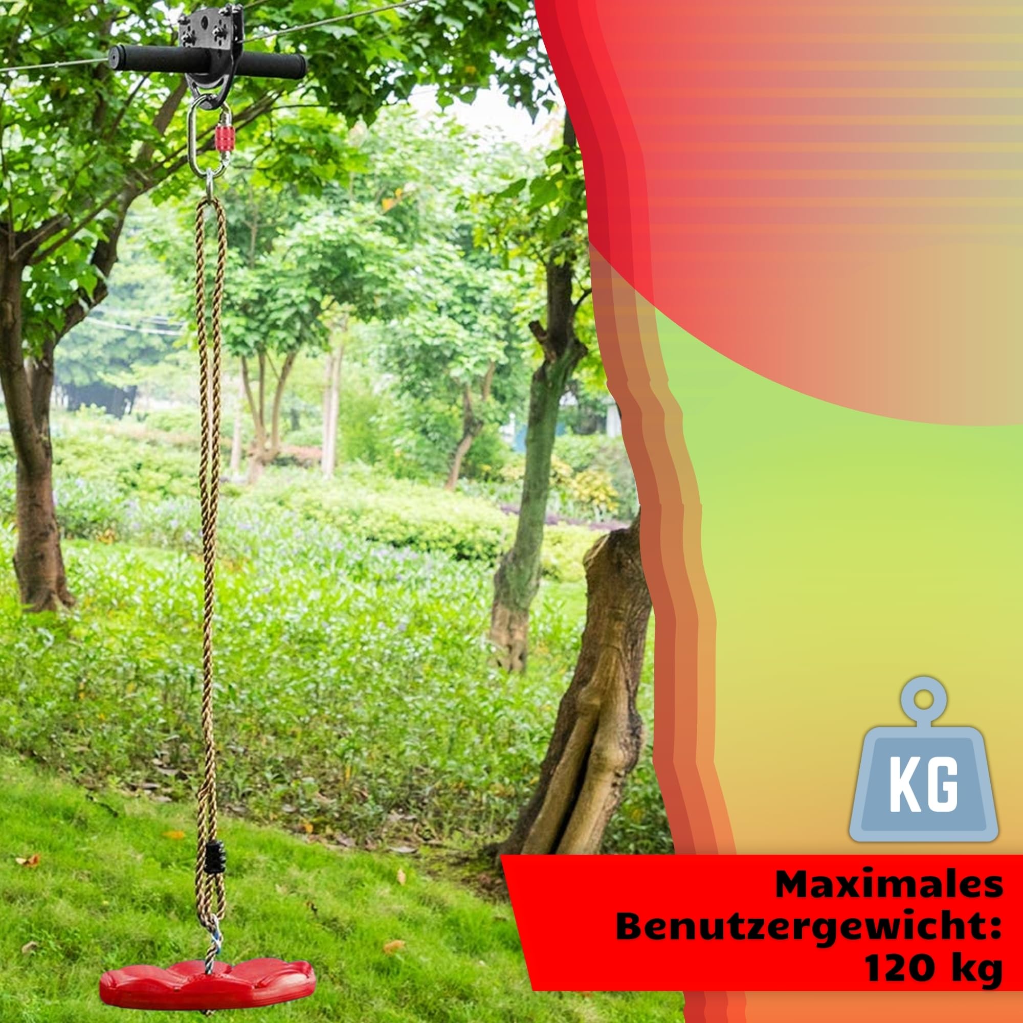 SPRINGOS Seilrutsche 30m für Kinder - Seilbahn Zipleine Set mit Rutschenwagen, Sitz, Sicherheitsbremse & Baumschutz - bis 120 kg - Klettergerät Outdoor