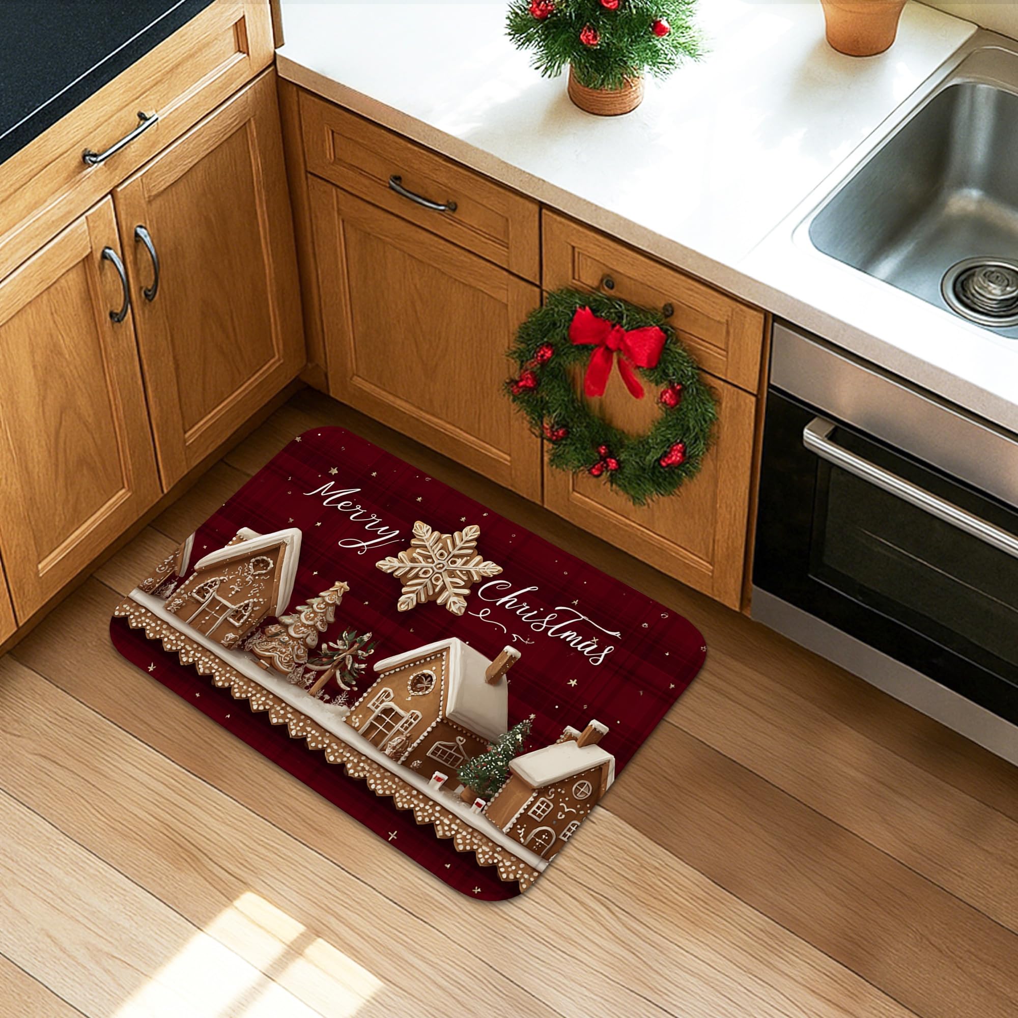 Christmas Kitchen Mats for Floor, Vintage Holiday Gingerbread House Soft Mats, Cushioned Comfort Washable Non Slip Decor Rugs for Kitchen Sinks Laundryroom 16x24 Inch
